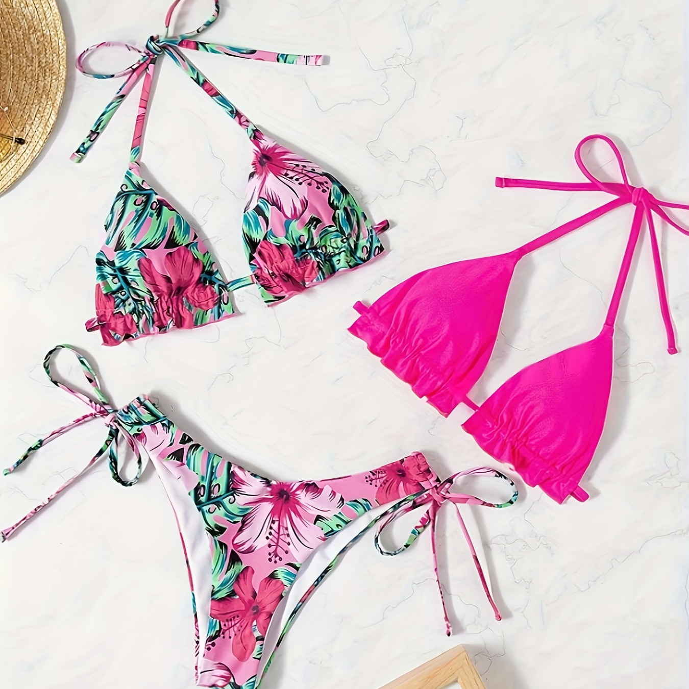 3pcs Women's Bikini Set, Tropical Floral Print, Sexy Fashion Beachwear, Polyester 82% Elastane 18%, Knit Fabric, Medium Stretch, Side Laced Bottom, Sleeveless, Lace-up Detail, 200gsm - Swimwear
3pcs Women's Bikini Set, Tropical Floral Print, Sexy Fashion Beachwear, Polyester 82% Elastane 18%, Knit Fabric, Medium Stretch, Side Laced Bottom, Sleeveless, Lace-up Detail, 200gsm - Swimwear