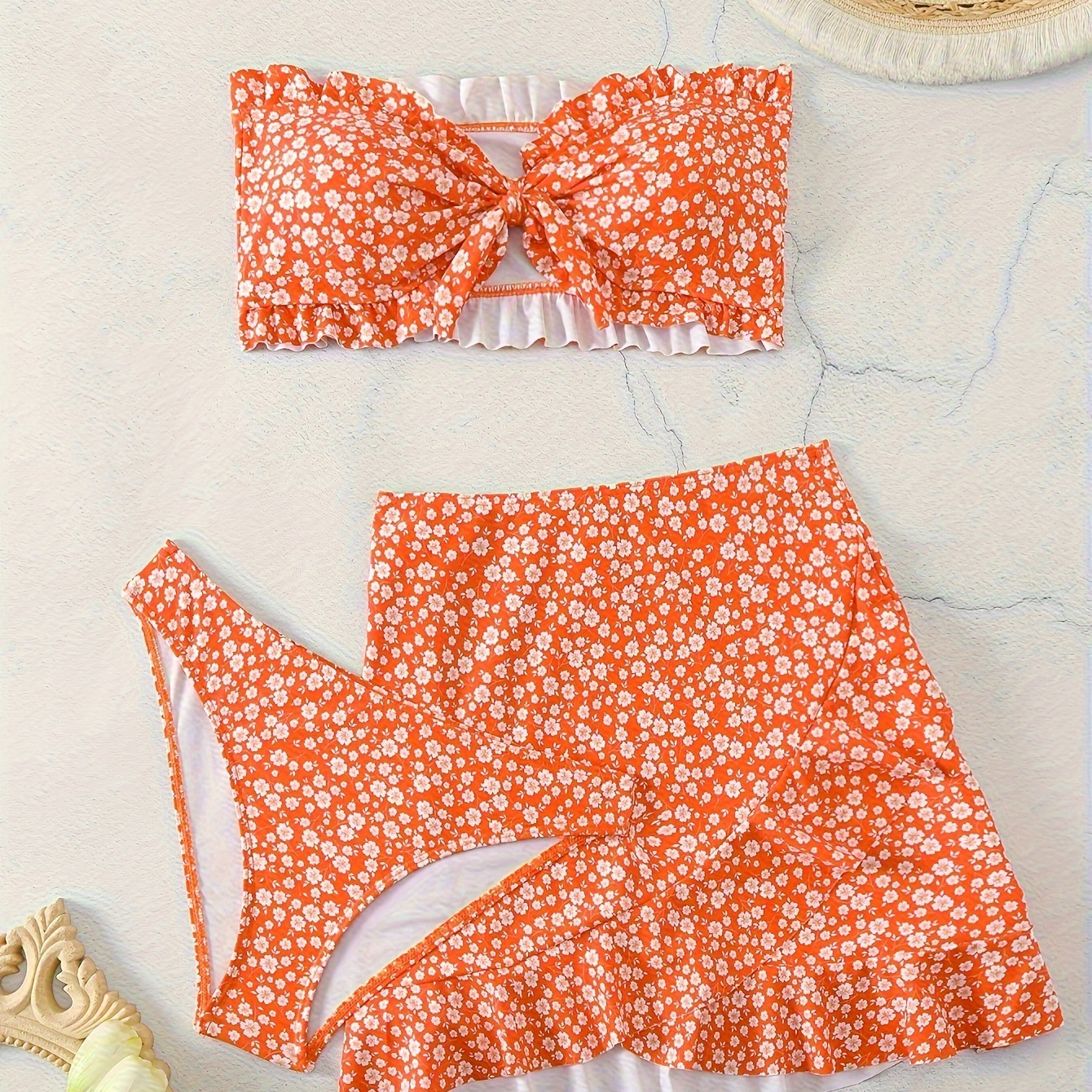 Tangerine Red Ditsy Floral Print Ruffle 3 Piece Set Bikini & Cover Up Skirt, Bandeau Knot Front Stretchy Swimsuits, Women's Swimwear & Clothing
Tangerine Red Ditsy Floral Print Ruffle 3 Piece Set Bikini & Cover Up Skirt, Bandeau Knot Front Stretchy Swimsuits, Women's Swimwear & Clothing