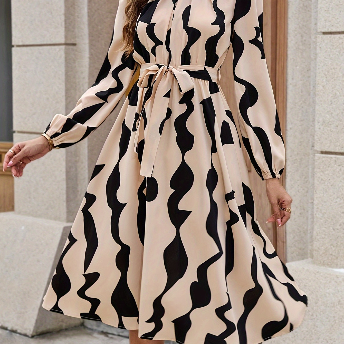 Allover Print Crew Neck Dress, Elegant Long Sleeve Tie Waist A-line Dress For Spring & Fall, Women's Clothing
Allover Print Crew Neck Dress, Elegant Long Sleeve Tie Waist A-line Dress For Spring & Fall, Women's Clothing