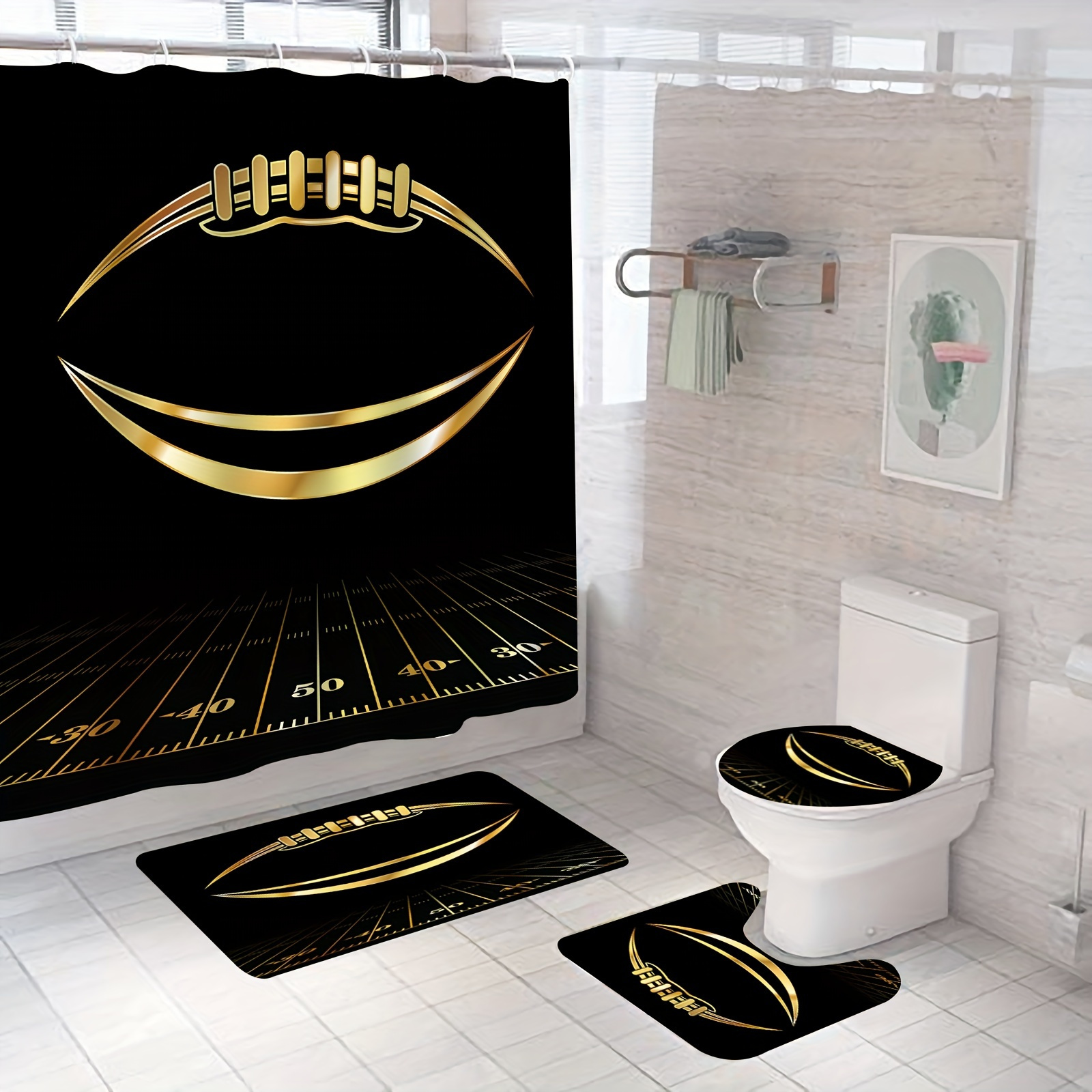 Festive Football Shower Curtain Set With 12 Hooks: Includes Toilet U-shaped Mat, Toilet Seat Cover, And Modern Waterproof Bathroom Decor - 71x71in, Black
Festive Football Shower Curtain Set With 12 Hooks: Includes Toilet U-shaped Mat, Toilet Seat Cover, And Modern Waterproof Bathroom Decor - 71x71in, Black