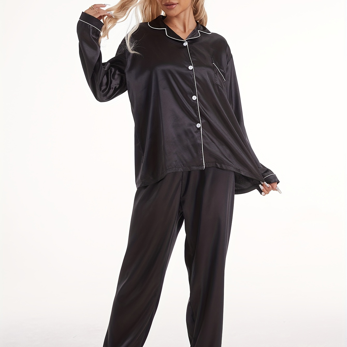 Solid Satin Pajama Set, Casual Long Sleeve Buttons Lapel Top & Elastic Pants, Women's Sleepwear
Solid Satin Pajama Set, Casual Long Sleeve Buttons Lapel Top & Elastic Pants, Women's Sleepwear