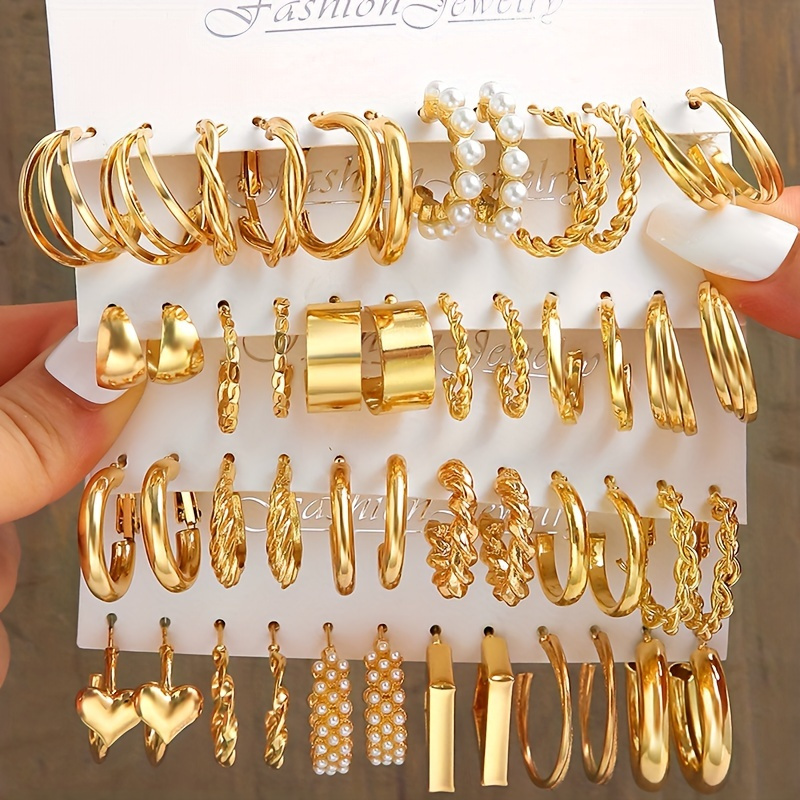 24pcs Golden- Hoop Earring Set - Vintage & Minimalist Style With Pearl Accents, Alloy Twisted Chain Designs For & Wear, Small Hoop Earrings
24pcs Golden- Hoop Earring Set - Vintage & Minimalist Style With Pearl Accents, Alloy Twisted Chain Designs For & Wear, Small Hoop Earrings