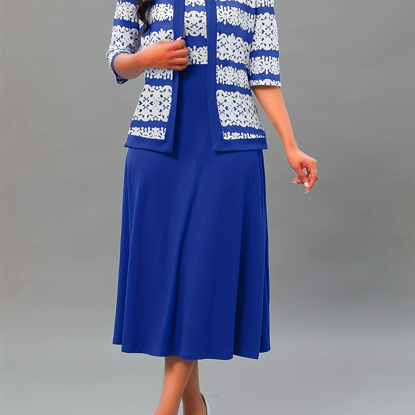 Elegant Two-piece Set, Open Front Outerwear & Crew Neck Dress Outfits, Women's Clothing
Elegant Two-piece Set, Open Front Outerwear & Crew Neck Dress Outfits, Women's Clothing