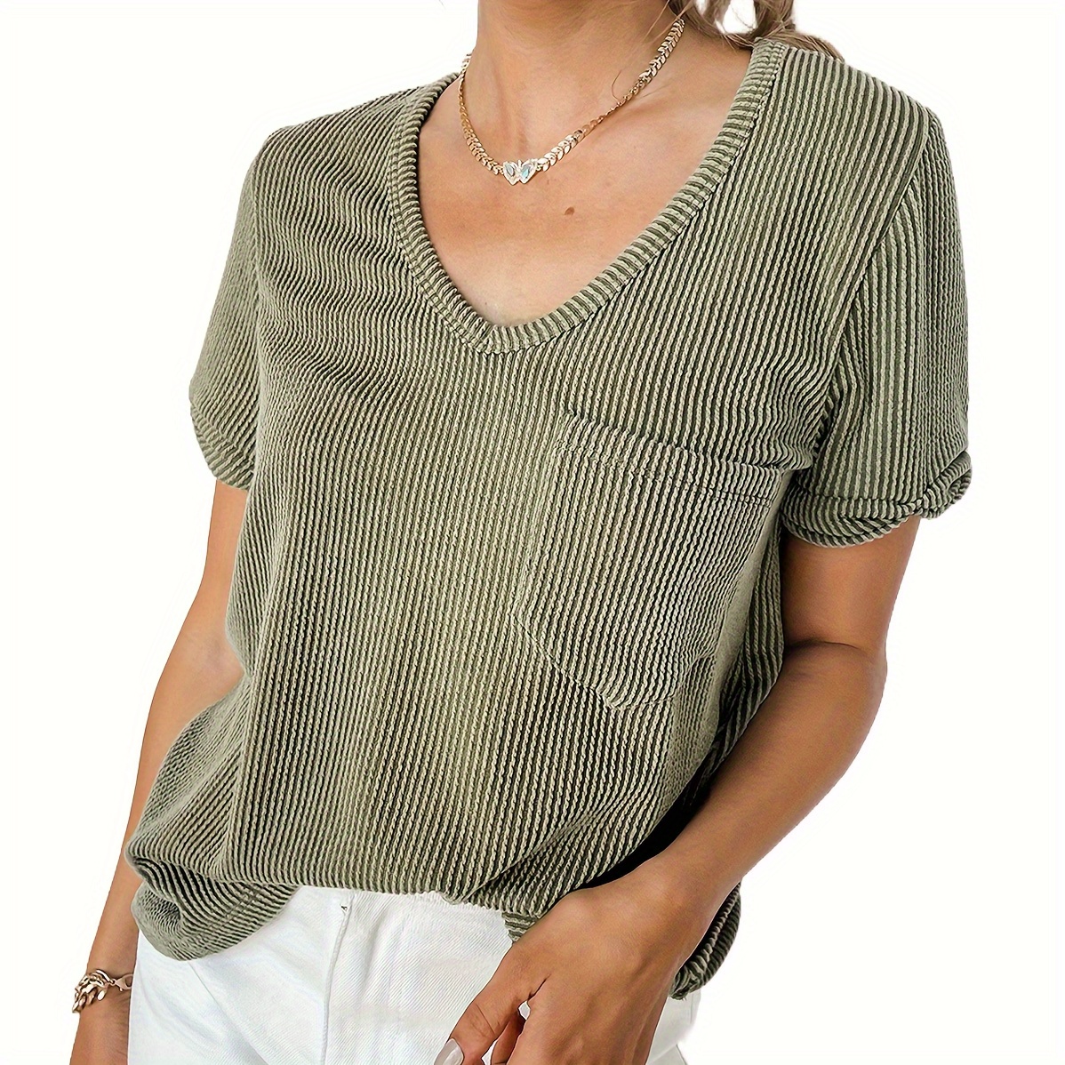 Solid Color Chest Pocket Loose T-shirt, Casual Short Sleeve V-neck Top, Women's Clothing
Solid Color Chest Pocket Loose T-shirt, Casual Short Sleeve V-neck Top, Women's Clothing