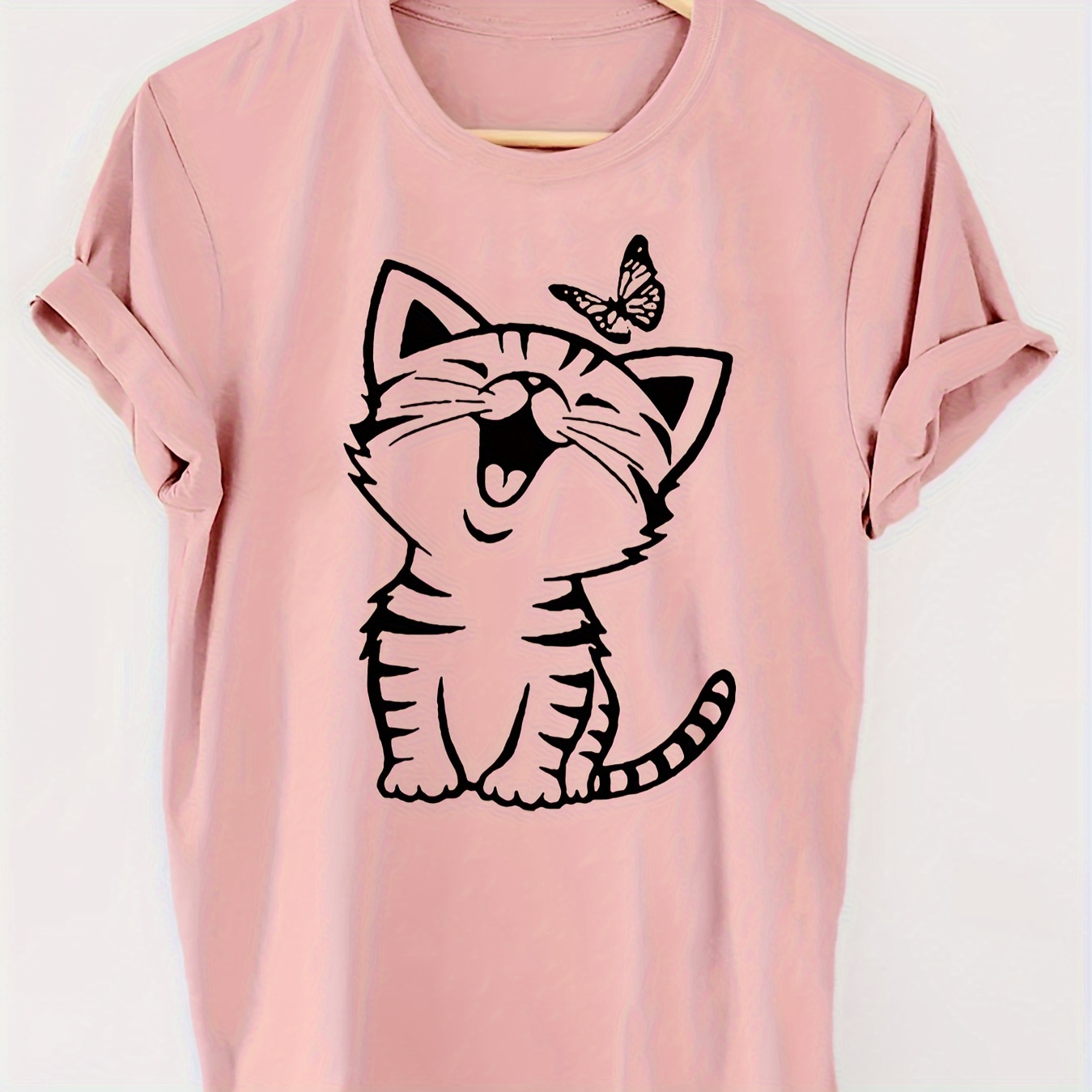 Cat & Butterfly Print T-shirt, Short Sleeve Crew Neck Casual Top For Summer & Spring, Women's Clothing
Cat & Butterfly Print T-shirt, Short Sleeve Crew Neck Casual Top For Summer & Spring, Women's Clothing
