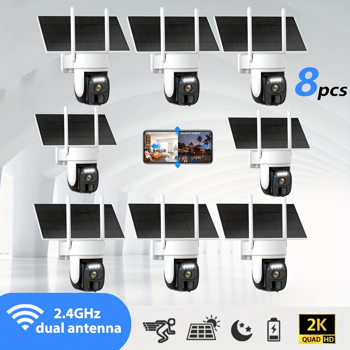 8pcs Solar Outdoor Wireless Security Camera, 2k 360° Tilt Low Power Wifi Security Camera, Cctv 2.4g Wifi, Ptz With Detection, Color Night Vision, Audio, Storage, Application Connection
8pcs Solar Outdoor Wireless Security Camera, 2k 360° Tilt Low Power Wifi Security Camera, Cctv 2.4g Wifi, Ptz With Detection, Color Night Vision, Audio, Storage, Application Connection