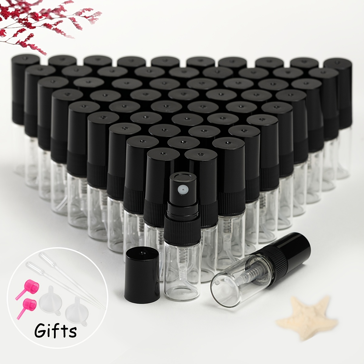 56pcs Transparent Glass Perfume Bottles, Refillable Spray Bottles In 2ml, 3ml, 5ml, 10ml - Black Nozzle, Plastic Sprayer, For Travel, Moisturizing, Refillable
56pcs Transparent Glass Perfume Bottles, Refillable Spray Bottles In 2ml, 3ml, 5ml, 10ml - Black Nozzle, Plastic Sprayer, For Travel, Moisturizing, Refillable