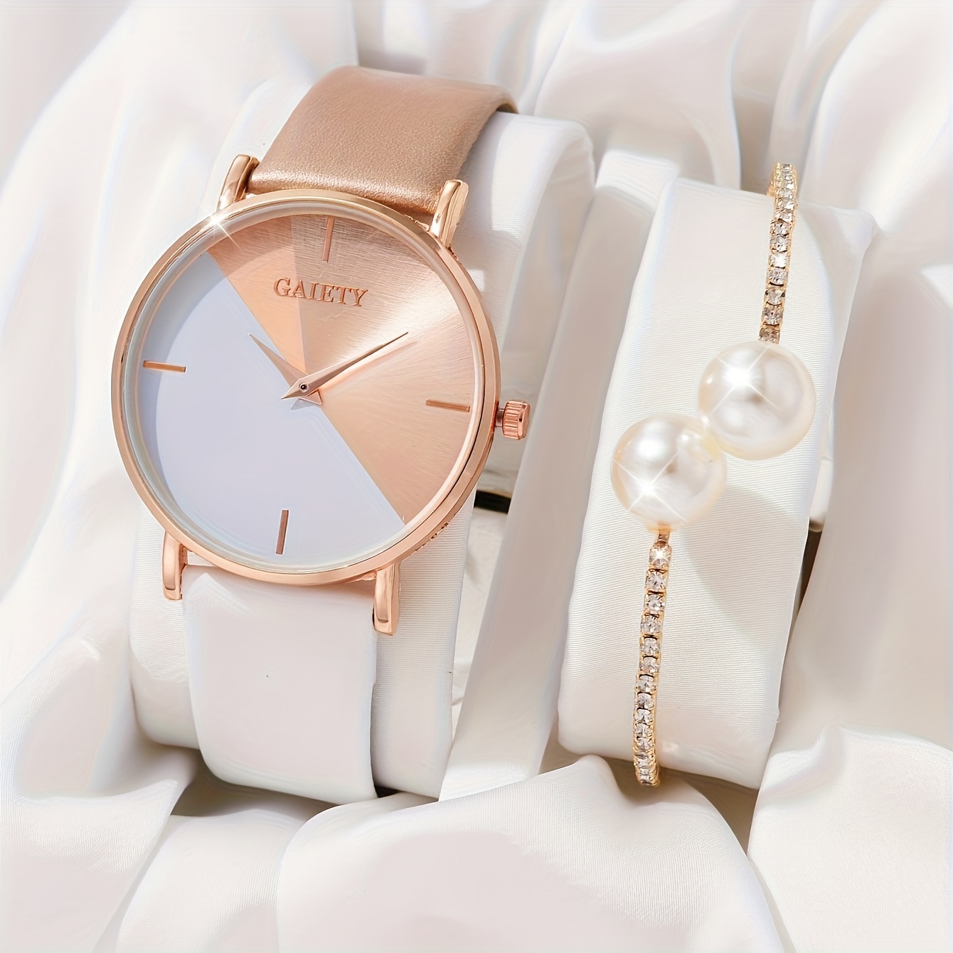 Elegant Women's Watch Pu Leather Wristwatch With Rose Gold Dial With Pearl Bracelet With Rhinestone Accents
Elegant Women's Watch Pu Leather Wristwatch With Rose Gold Dial With Pearl Bracelet With Rhinestone Accents