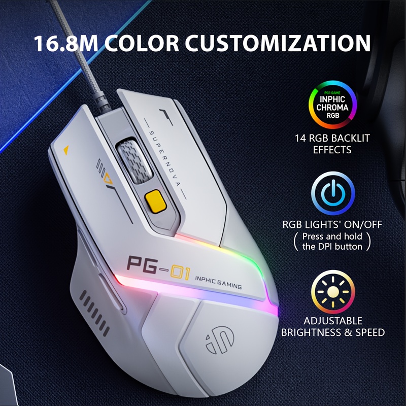 1pc INPHIC PG1 Souris de jeu filaire, ergonomique, programmation macro, rétroéclairage RGB, , prise USB, compatible , droite, plastique, aucune pile requise
1pc INPHIC PG1 Souris de jeu filaire, ergonomique, programmation macro, rétroéclairage RGB, , prise USB, compatible , droite, plastique, aucune pile requise