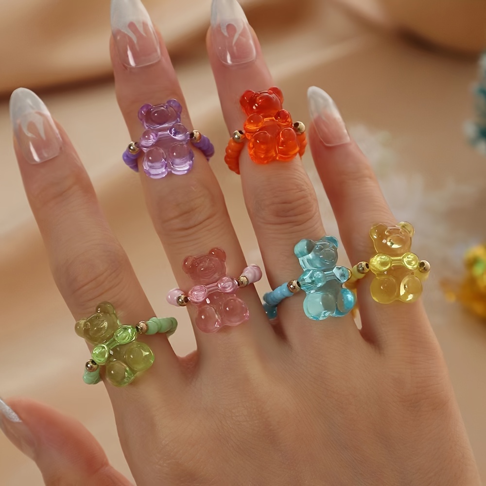 6-pack Assorted Handmade Gummy Bear Beaded Rings, Colorful Fashion Jelly Band Rings, Cute Bear-design Finger Jewelry, Novelty Accessory For Women, Multi-style Set
6-pack Assorted Handmade Gummy Bear Beaded Rings, Colorful Fashion Jelly Band Rings, Cute Bear-design Finger Jewelry, Novelty Accessory For Women, Multi-style Set
