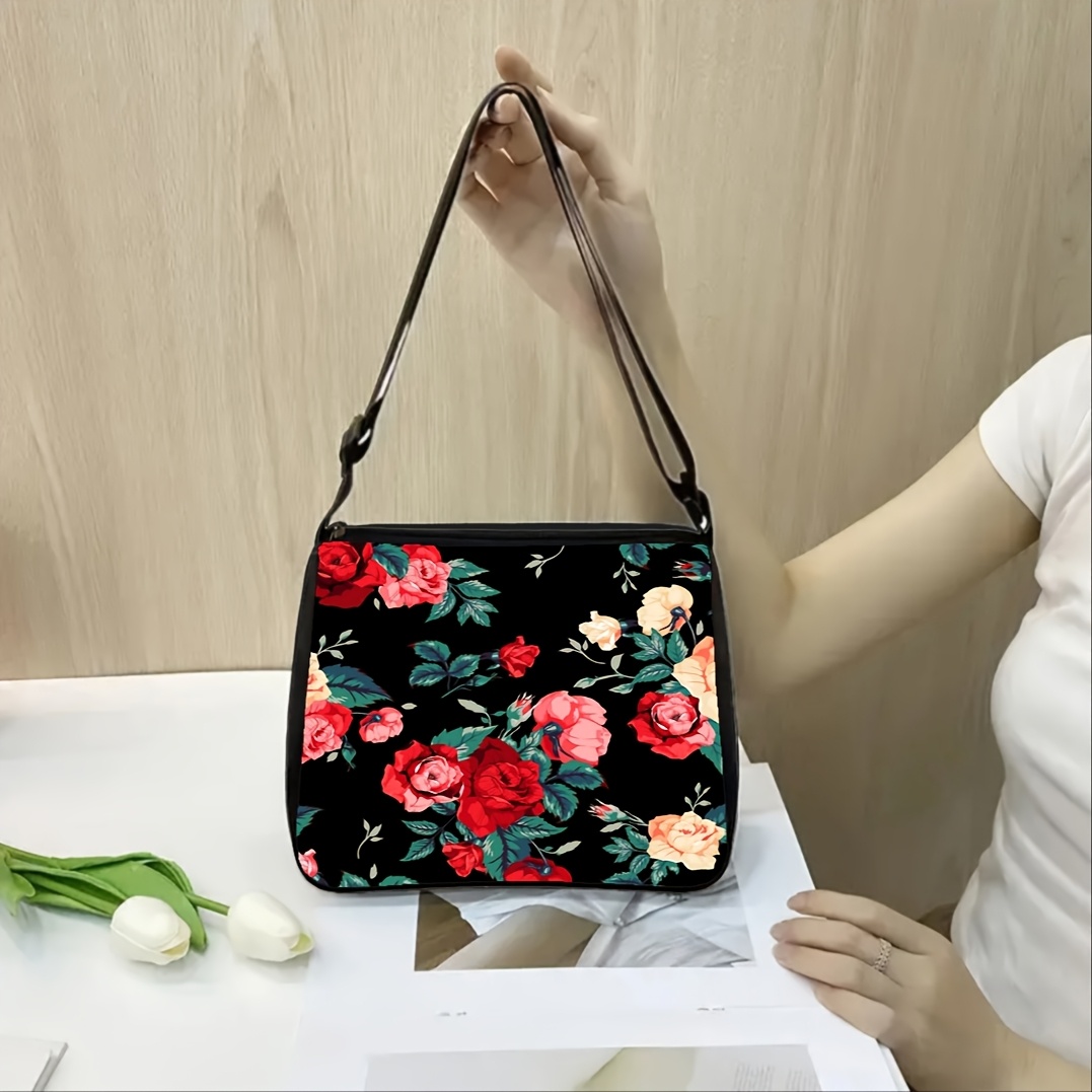 Sac à bandoulière à fermeture zippée en polyester élégant avec des roses rouges et noires
Sac à bandoulière à fermeture zippée en polyester élégant avec des roses rouges et noires