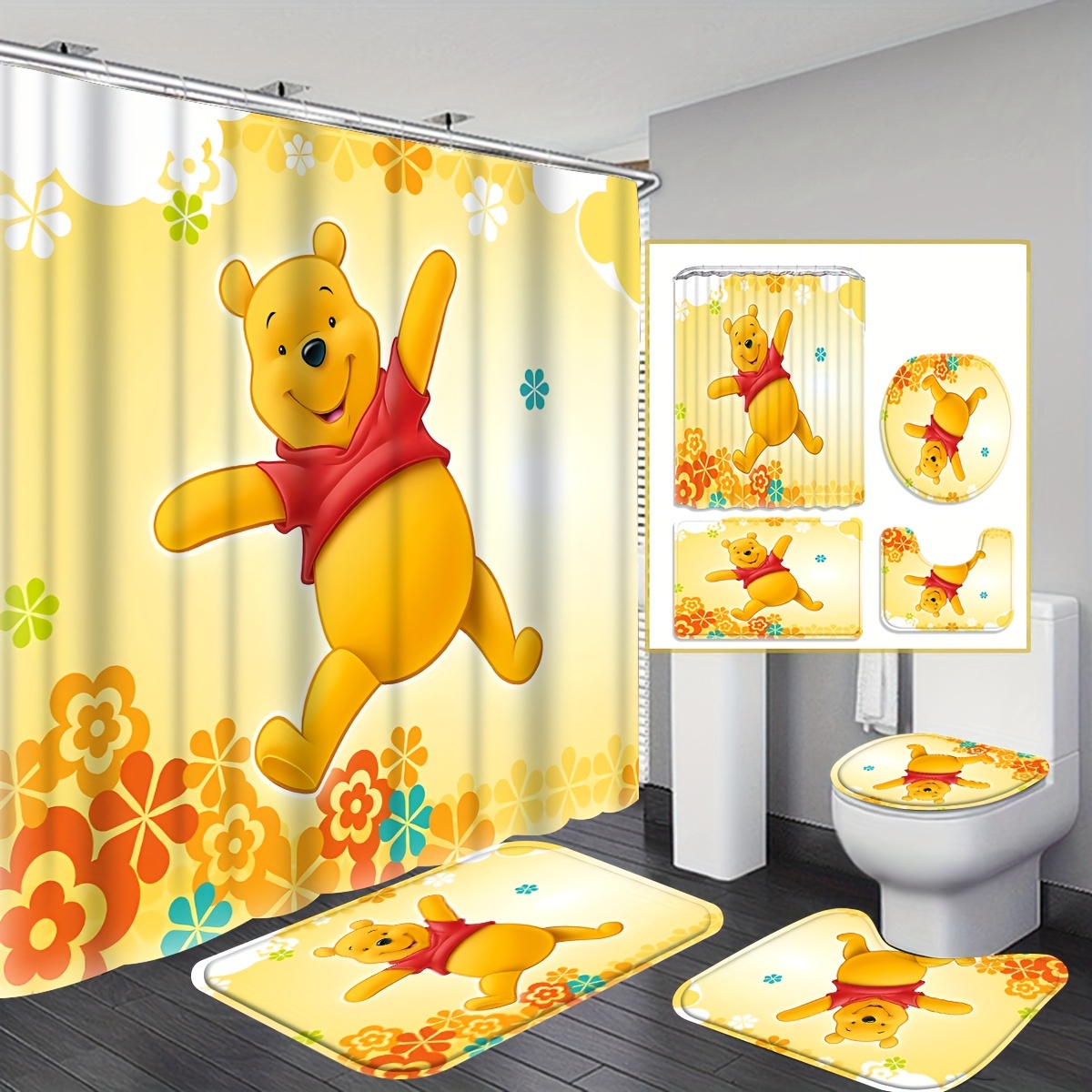 1/4pcs Cartoon Winnie Pattern Shower Curtain Set, Shower Curtain With 12 Hooks, Non-slip Bath Mat, U-shaped Toilet Mat, Toilet Mat, Bathroom Accessories, Home Decor
1/4pcs Cartoon Winnie Pattern Shower Curtain Set, Shower Curtain With 12 Hooks, Non-slip Bath Mat, U-shaped Toilet Mat, Toilet Mat, Bathroom Accessories, Home Decor