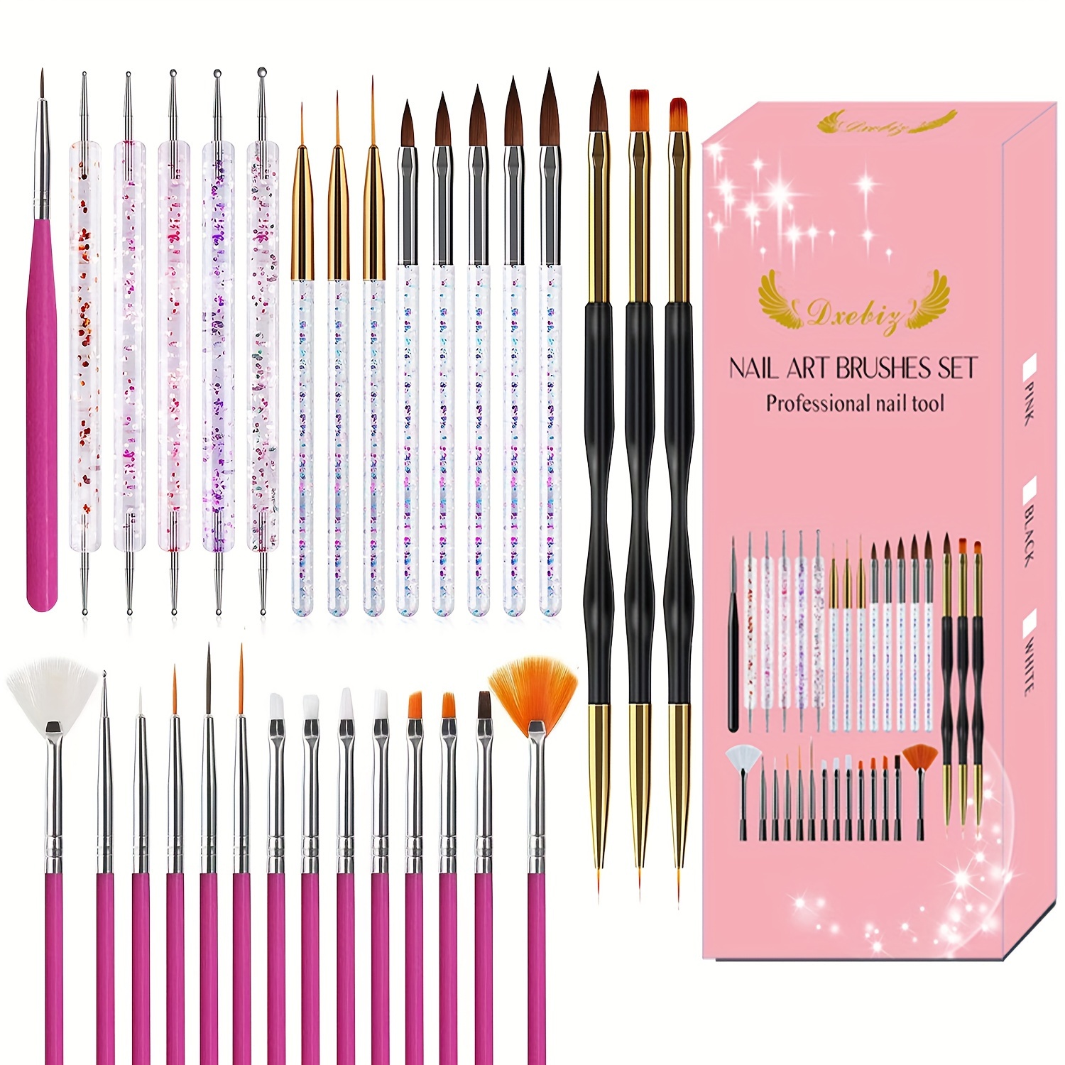 31pcs Kit de pinceaux pour nail art avec stylo à points, pinceaux à sculpter et à peindre, pinceaux à gel UV et liner, pinceaux éventails plats, ramasse-strass, kit d'outils pour nail art
31pcs Kit de pinceaux pour nail art avec stylo à points, pinceaux à sculpter et à peindre, pinceaux à gel UV et liner, pinceaux éventails plats, ramasse-strass, kit d'outils pour nail art