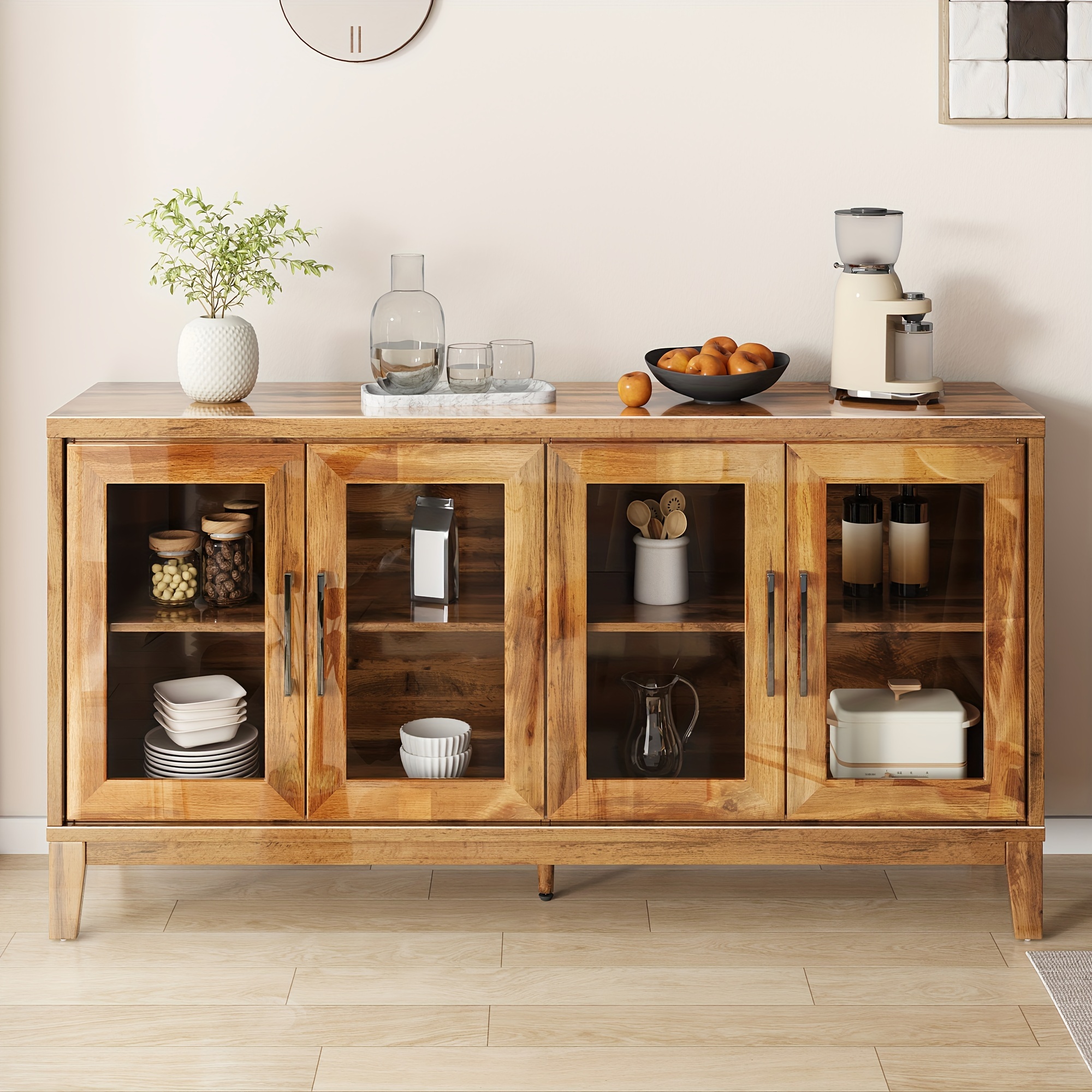 63'' Buffet Cabinet, High Gloss Wooden Sideboard With 4 Glass Door, Sideboard Buffets Cabinet With Storage For Dining Room, Living Room, Kitchen, Oak
63'' Buffet Cabinet, High Gloss Wooden Sideboard With 4 Glass Door, Sideboard Buffets Cabinet With Storage For Dining Room, Living Room, Kitchen, Oak