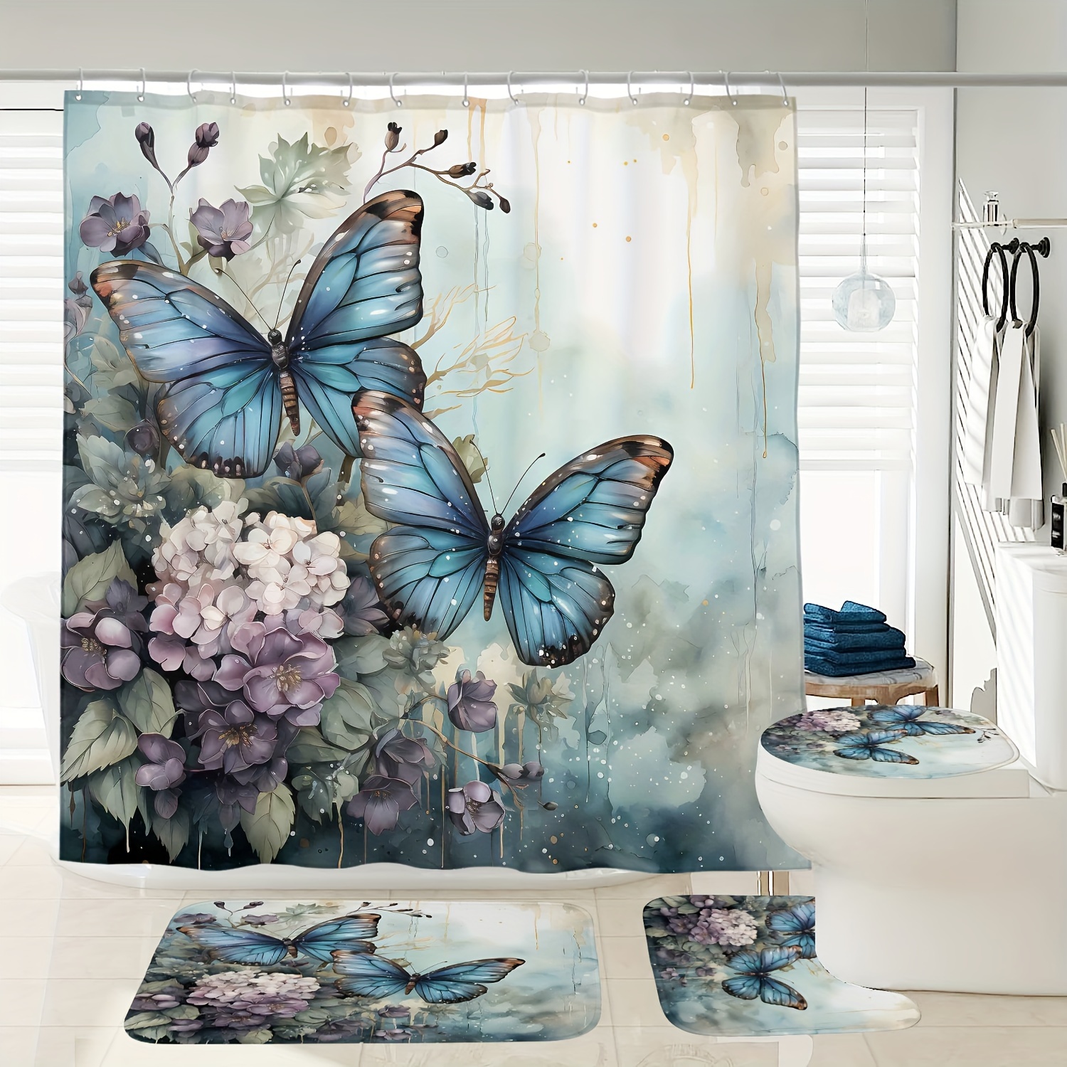 1/3/4pcs Flower Butterfly Printed Shower Curtain Set, Shower Curtain With 12 Hooks, Non-slip Bathroom Rug, Toilet U-shape Mat, Toilet Lid Cover Pad, Bathroom Decor
1/3/4pcs Flower Butterfly Printed Shower Curtain Set, Shower Curtain With 12 Hooks, Non-slip Bathroom Rug, Toilet U-shape Mat, Toilet Lid Cover Pad, Bathroom Decor
