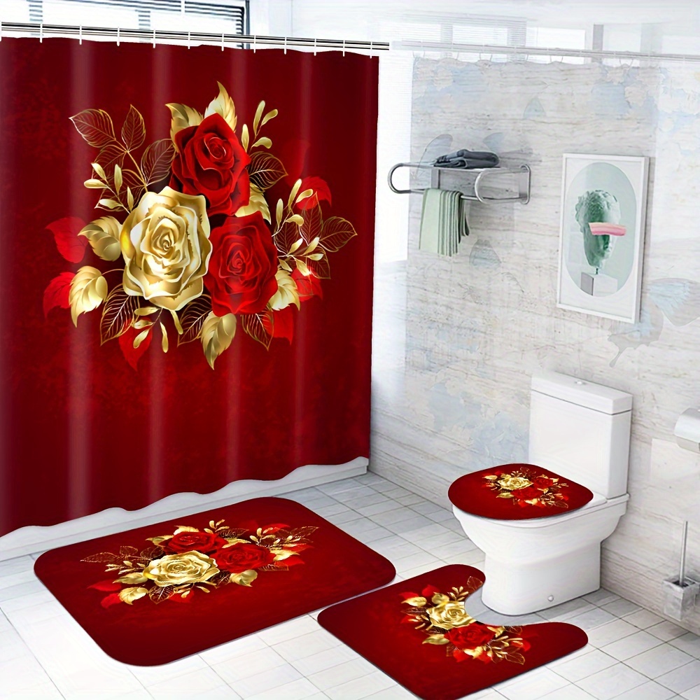 1/4pcs Red Golden Rose Pattern Shower Curtain Set, Shower Curtain With 12 Hooks, Non-slip Bath Mat, U-shaped Toilet Mat, Toilet Mat, Bathroom Accessories, Home Decor
1/4pcs Red Golden Rose Pattern Shower Curtain Set, Shower Curtain With 12 Hooks, Non-slip Bath Mat, U-shaped Toilet Mat, Toilet Mat, Bathroom Accessories, Home Decor