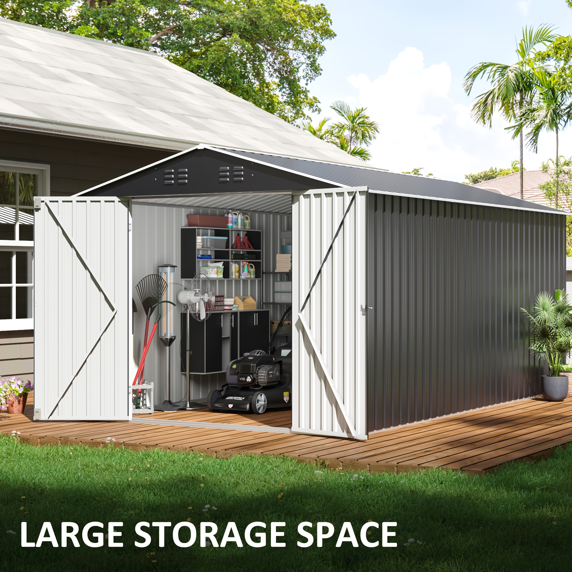 8x12 Ft Outdoor Storage Shed, Large Garden Shed With Frame Structure And Lockable Doors, Metal Tool Sheds For Backyard Garden Patio Lawn, Black
8x12 Ft Outdoor Storage Shed, Large Garden Shed With Frame Structure And Lockable Doors, Metal Tool Sheds For Backyard Garden Patio Lawn, Black