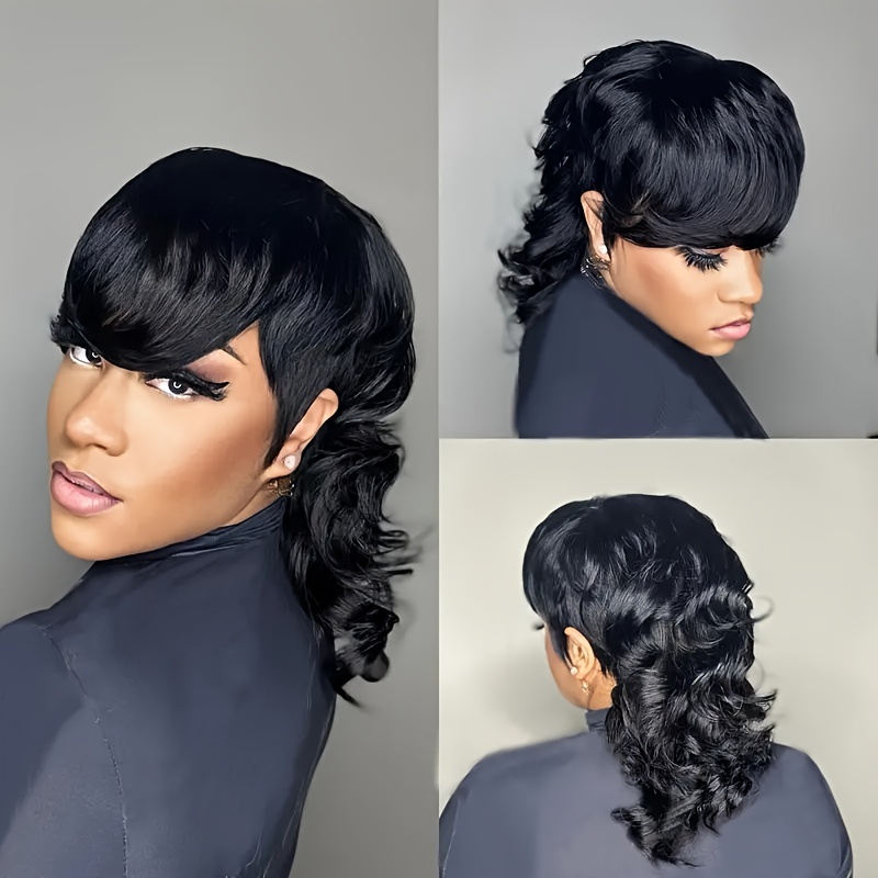 Women's Hair Mullet Wig, Long Layered Cut With Bangs, Loose Wave Brazilian Real Hair, Machine Glueless, Rose Cap, 180% Density, 1b Color, Unisex, All -
Women's Hair Mullet Wig, Long Layered Cut With Bangs, Loose Wave Brazilian Real Hair, Machine Glueless, Rose Cap, 180% Density, 1b Color, Unisex, All -