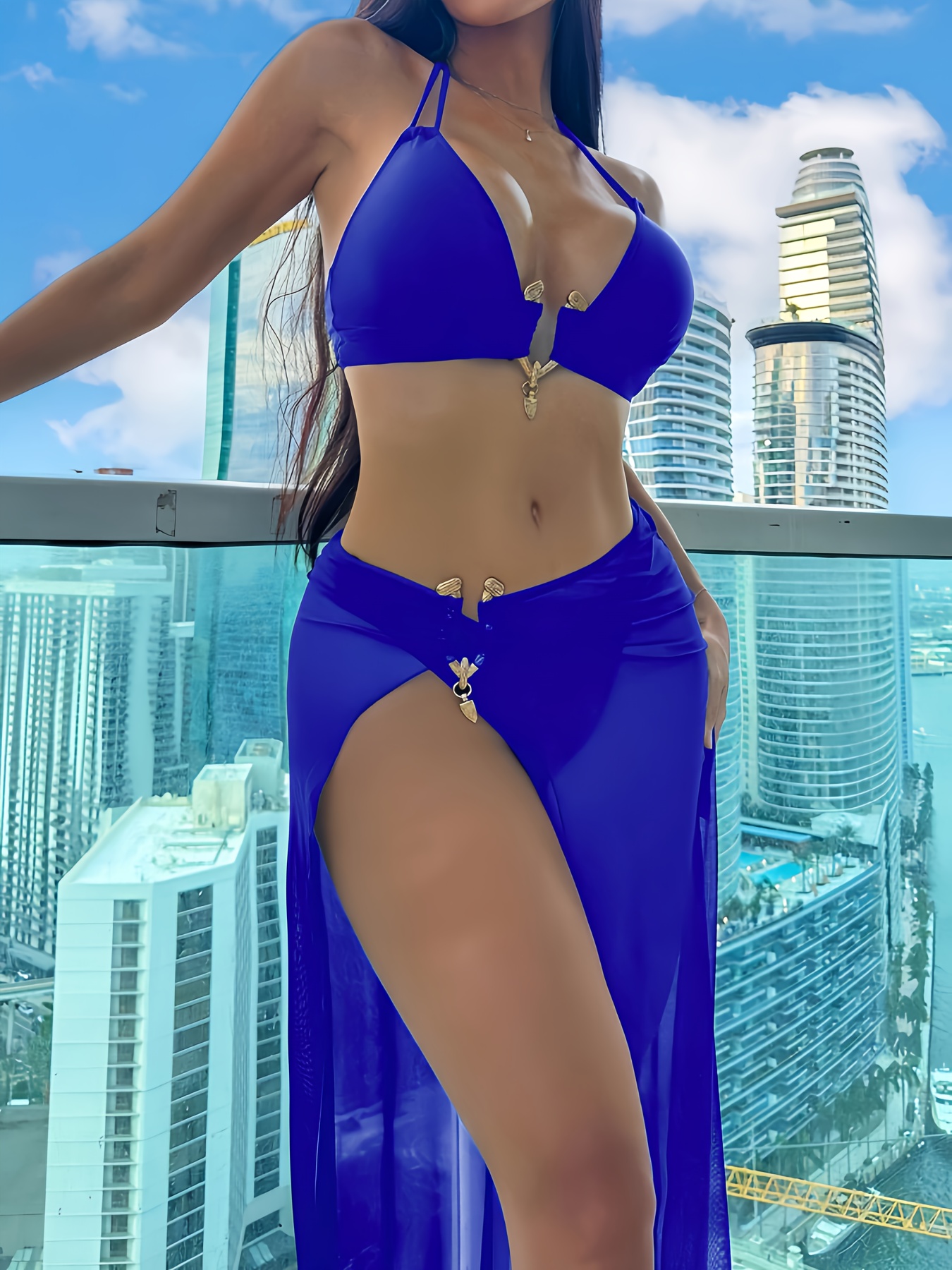 2103d021 3be6 479a a57d 8605db7d8f4c 3pcs Women'S Solid Color Tie-Top Bikini Set with Long Skirt - Sexy Swimwear, Polyamide 80%, Elastane 20%, Medium Stretch, Lace-Up Detail, 198g/m² Fabric Weight, Beach Attire|Sleek Swimsuit|Stretchy Fabric