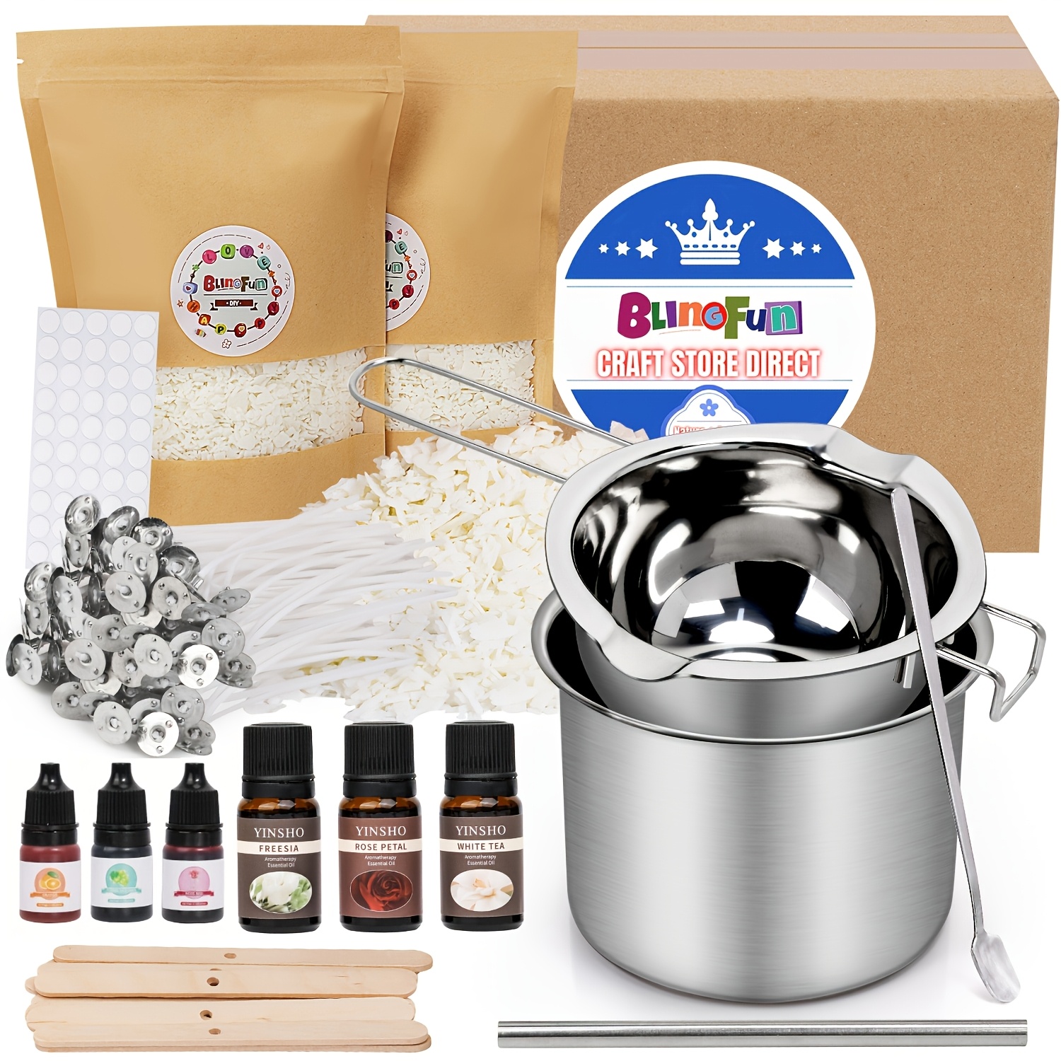 Blingfun 1lb/2lb Soy Wax Candle Making Kit, Stainless Steel , Wicks, Wick Holders, Stickers, Wax Wick Placement Tube, Scented Candle Crafting Set For All
Blingfun 1lb/2lb Soy Wax Candle Making Kit, Stainless Steel , Wicks, Wick Holders, Stickers, Wax Wick Placement Tube, Scented Candle Crafting Set For All