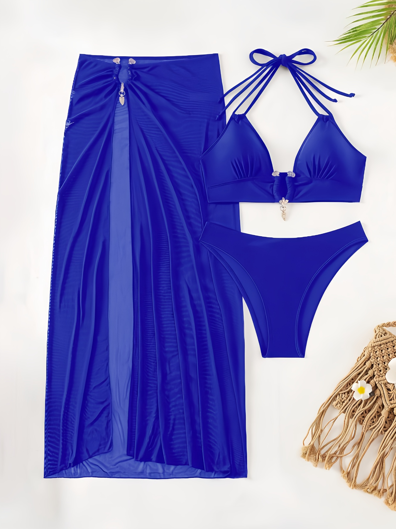 24f80a94 53da 4f94 88a3 32d2e8d7853c 3pcs Women'S Solid Color Tie-Top Bikini Set with Long Skirt - Sexy Swimwear, Polyamide 80%, Elastane 20%, Medium Stretch, Lace-Up Detail, 198g/m² Fabric Weight, Beach Attire|Sleek Swimsuit|Stretchy Fabric