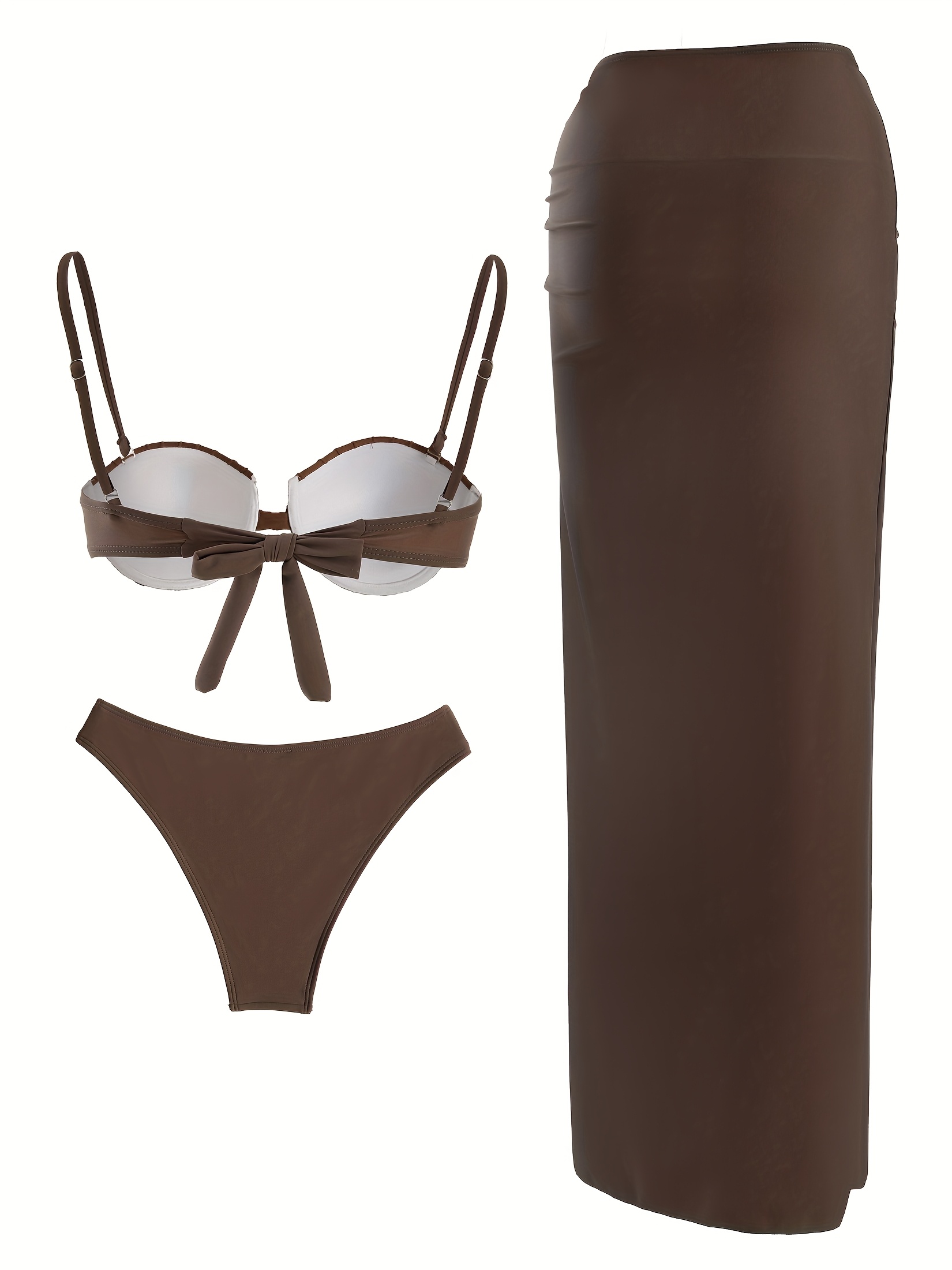 263dc4b0 e8b6 44fd 9f78 20f6edfa5597 EDOLYNSA Sexy Tube Top Suspender Chocolate Brown Shell Texture Ring Metal Accessories Slit Maxi Bikini Three-piece Set Sexy Fashion Swimsuit Holiday Cover-up Swimming Beach Women's Bikini Set K131