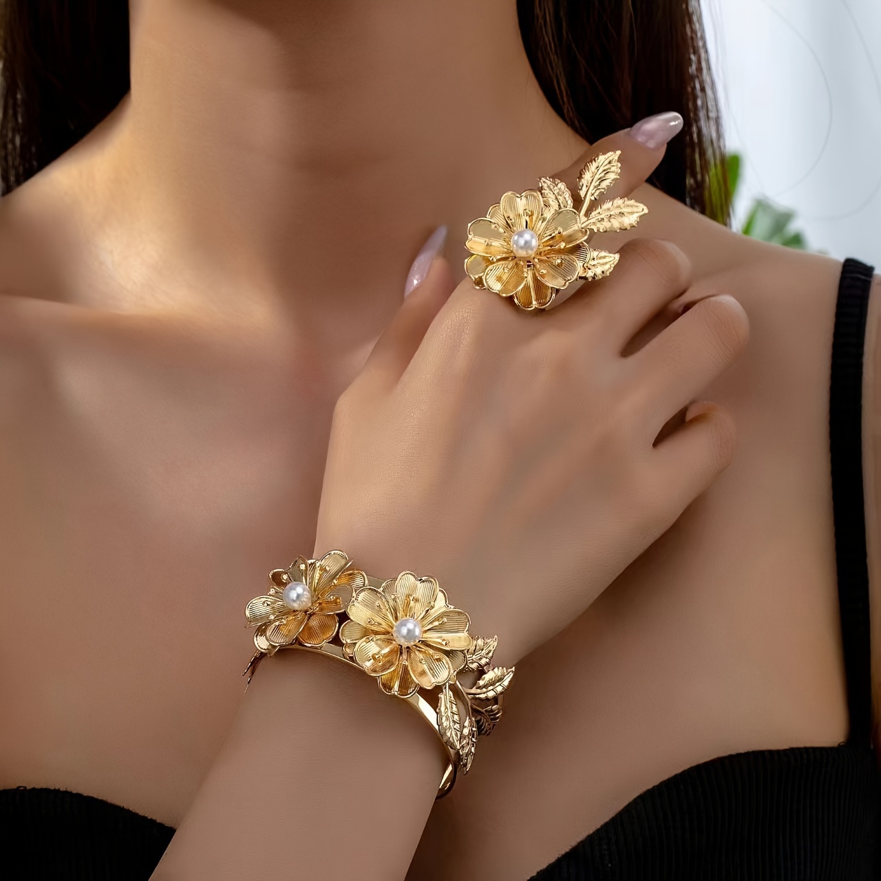 Elegant Flower Bracelet And Ring Set For Women, Simple Alloy Floral Design With Imitation Pearl Accents, Versatile Jewelry For Daily Wear
Elegant Flower Bracelet And Ring Set For Women, Simple Alloy Floral Design With Imitation Pearl Accents, Versatile Jewelry For Daily Wear