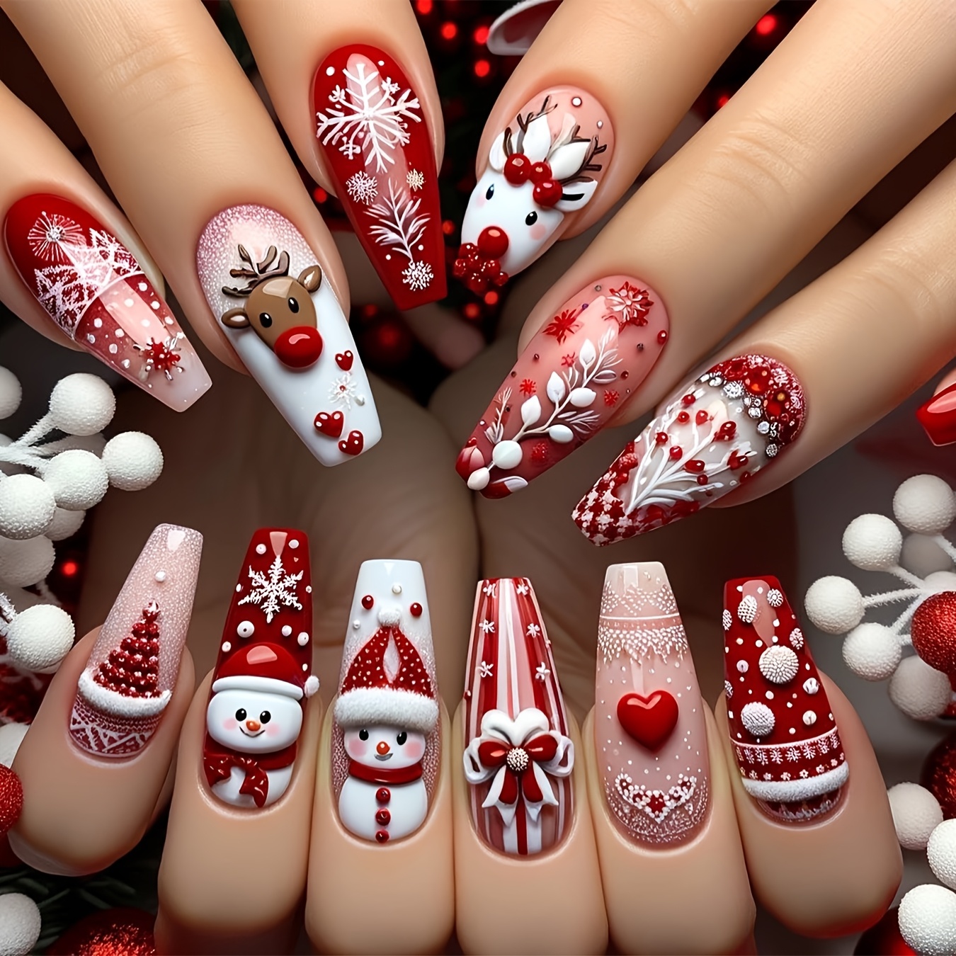 24pcs Ballet Press-on Nails Set, Long Coffin Shape With Snowman, Snowflakes, Reindeer, Fireworks, Christmas Tree & Heart Patterns, , Color Holiday Nail Art Kit For Women
24pcs Ballet Press-on Nails Set, Long Coffin Shape With Snowman, Snowflakes, Reindeer, Fireworks, Christmas Tree & Heart Patterns, , Color Holiday Nail Art Kit For Women