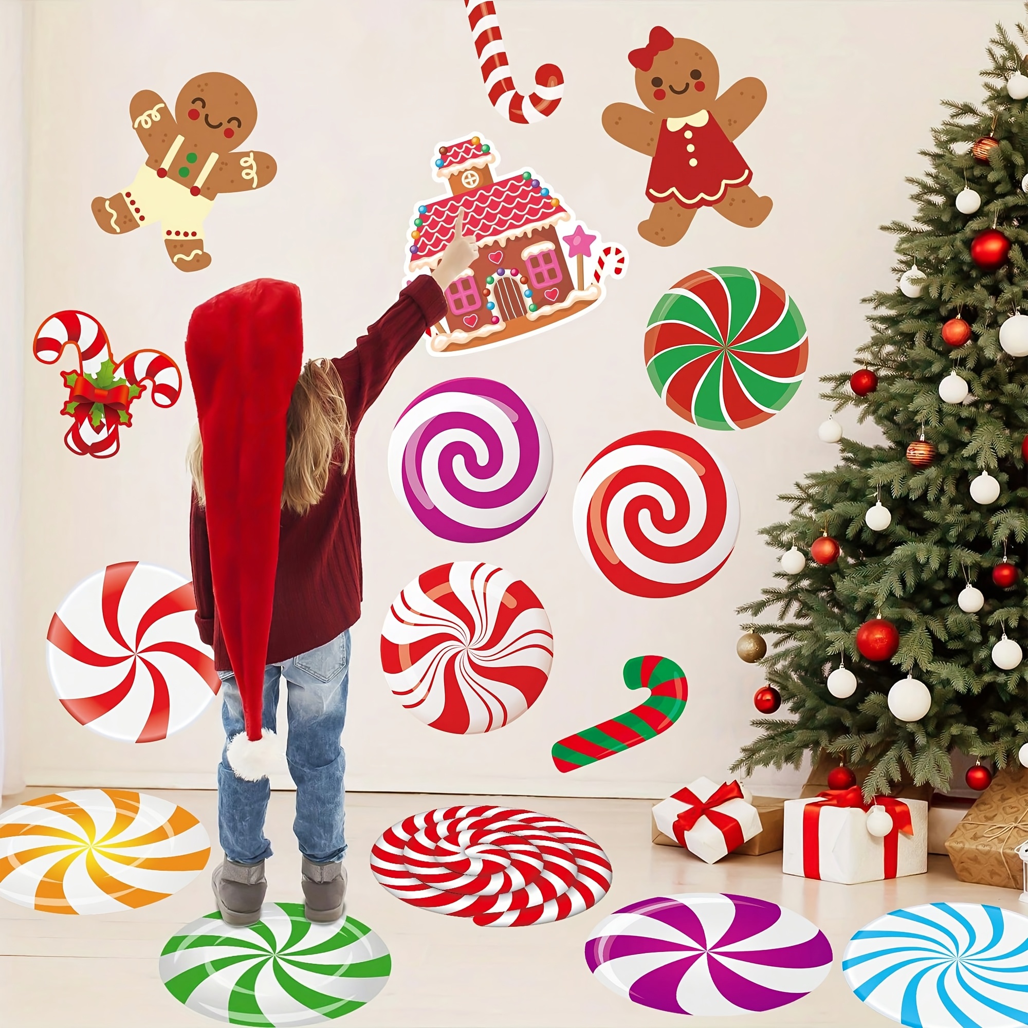 59pcs Christmas Candyland Wall And Floor Decal Set, Peppermint, Candy Cane, Gingerbread, And Decals, Non-electric, Featherless, Party Supplies, With 8 Sheets For Holiday Party
59pcs Christmas Candyland Wall And Floor Decal Set, Peppermint, Candy Cane, Gingerbread, And Decals, Non-electric, Featherless, Party Supplies, With 8 Sheets For Holiday Party