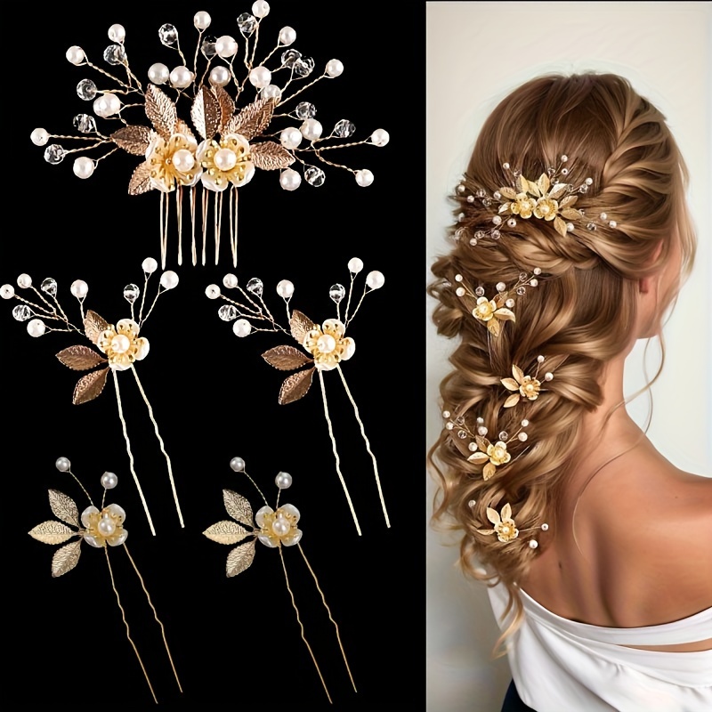 5pcs Golden Leaf Hair Clips, Flower Shape With Faux Pearl Hair Forks, Bride Hair Clip Headwear, Retro Wedding Hair Accessories Suitable For Women
5pcs Golden Leaf Hair Clips, Flower Shape With Faux Pearl Hair Forks, Bride Hair Clip Headwear, Retro Wedding Hair Accessories Suitable For Women
