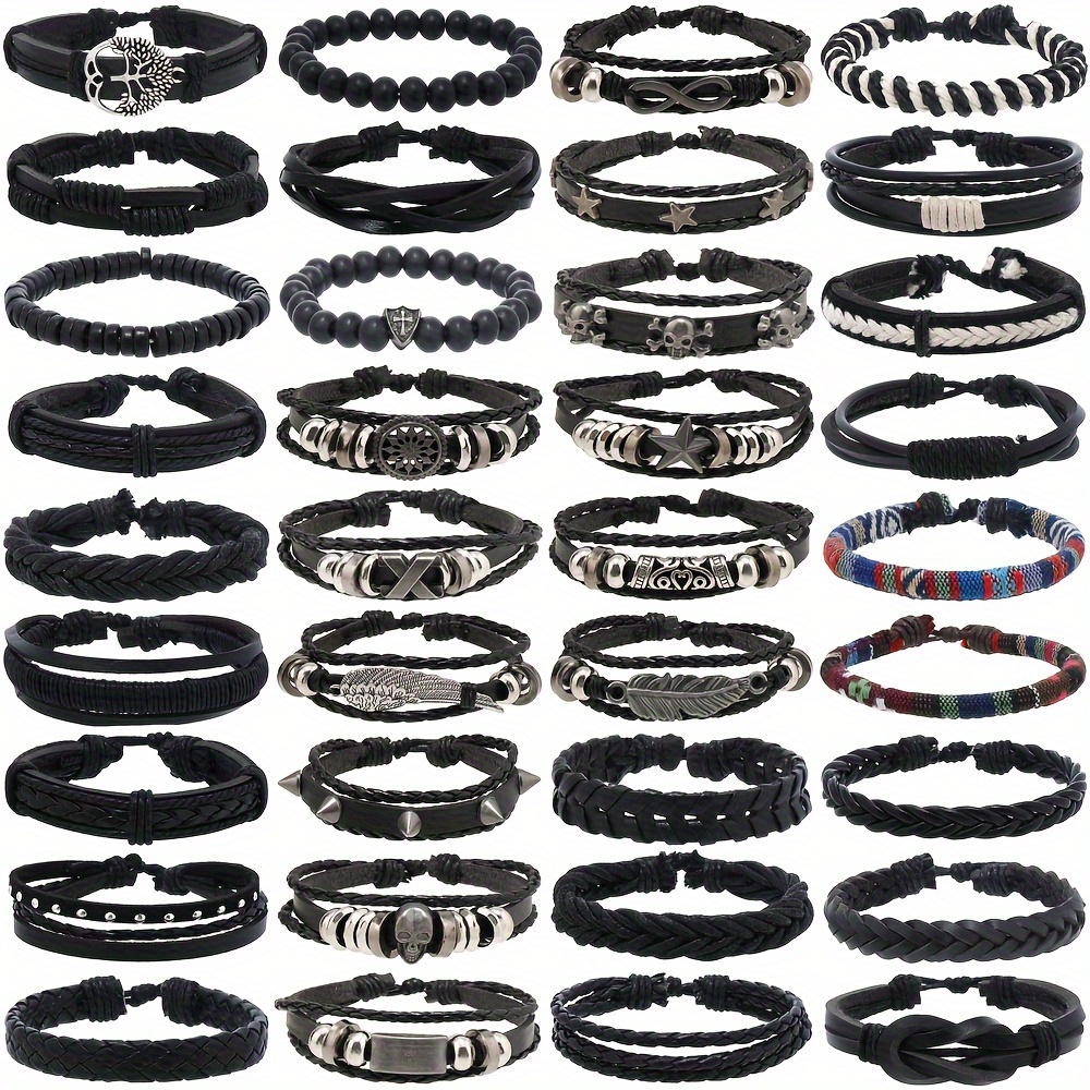 36-piece Trendy Punk Style Men's Bracelet Set - Adjustable, Versatile Pu Leather With Tree Of Life, Star, Feather & Skull Designs
36-piece Trendy Punk Style Men's Bracelet Set - Adjustable, Versatile Pu Leather With Tree Of Life, Star, Feather & Skull Designs