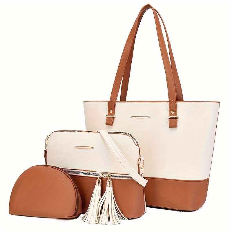 3-piece Shoulder Bag Set, Elegant Two-tone Pu Leather Tote Bag With Tassel Crossbody Bag And Clutch Bag, Women Purse Set
3-piece Shoulder Bag Set, Elegant Two-tone Pu Leather Tote Bag With Tassel Crossbody Bag And Clutch Bag, Women Purse Set