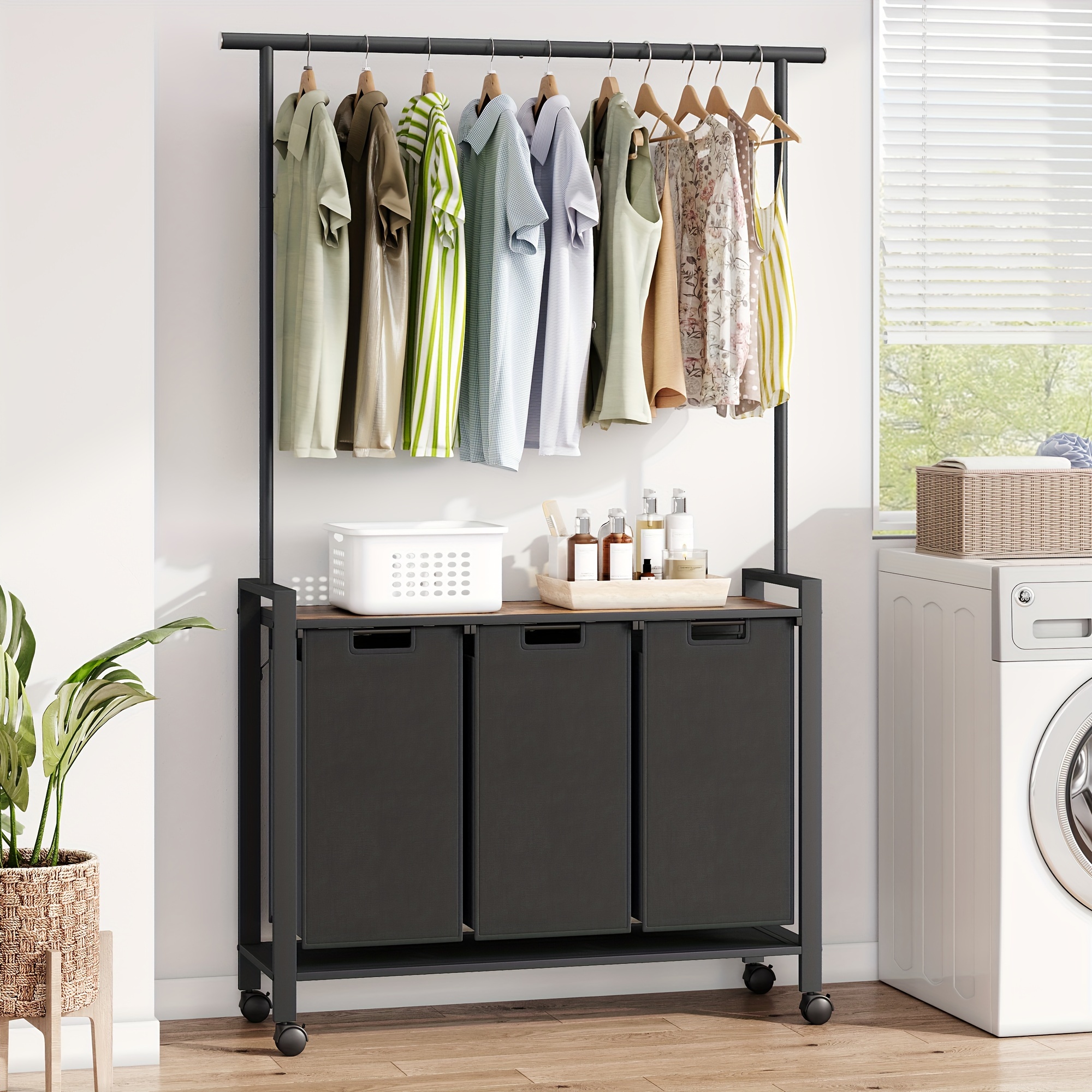 Laundry Sorter, Rolling Laundry Hamper With Hanging Rack, Laundry Hamper 3-section With Wheels, Hampers For Laundry, Laundry Basket Organizer For Laundry Room, Rustic Brown
Laundry Sorter, Rolling Laundry Hamper With Hanging Rack, Laundry Hamper 3-section With Wheels, Hampers For Laundry, Laundry Basket Organizer For Laundry Room, Rustic Brown