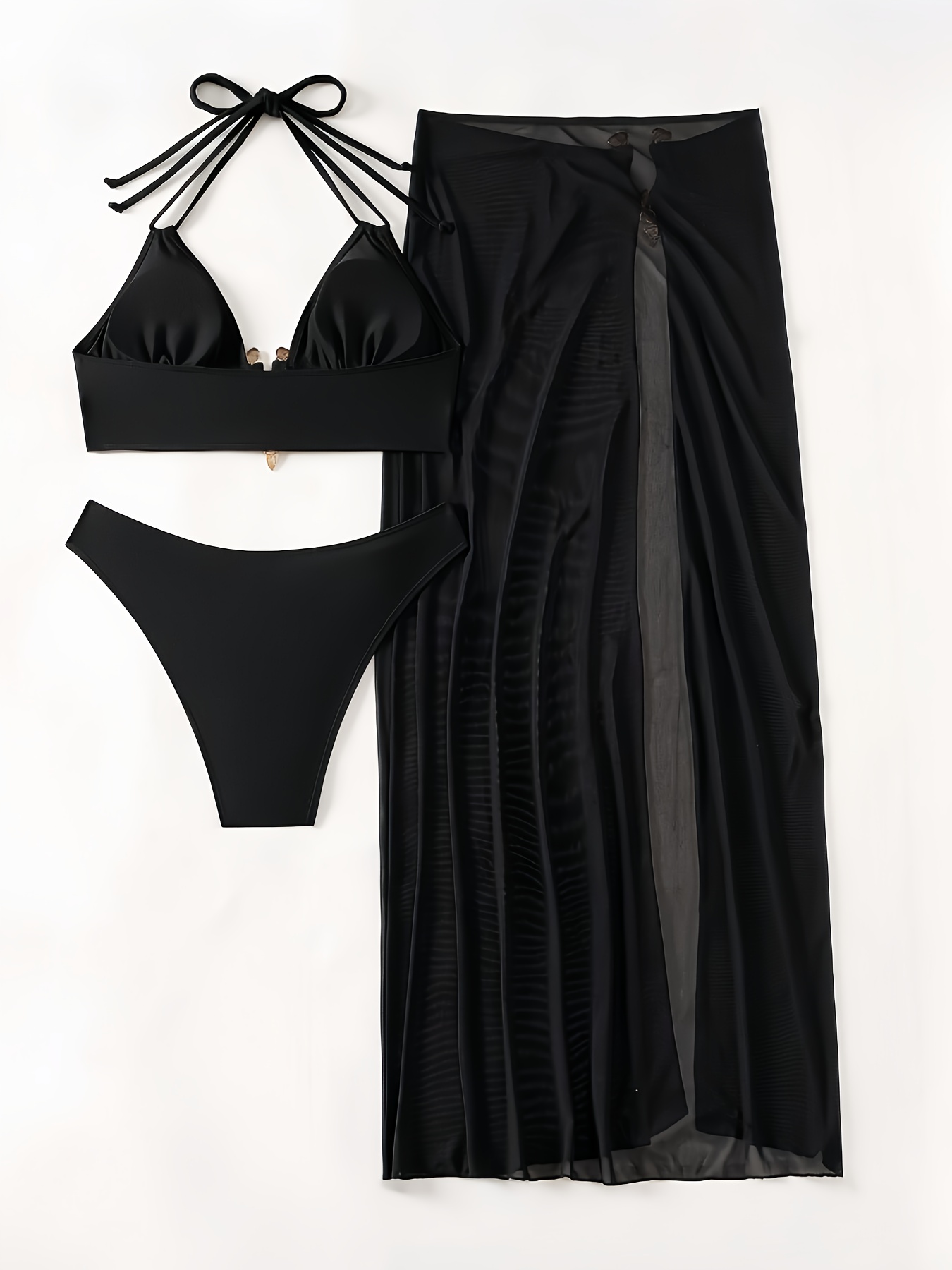 39e6ec34 0758 4607 ab88 80438f7b20a4 3pcs Women'S Solid Color Tie-Top Bikini Set with Long Skirt - Sexy Swimwear, Polyamide 80%, Elastane 20%, Medium Stretch, Lace-Up Detail, 198g/m² Fabric Weight, Beach Attire|Sleek Swimsuit|Stretchy Fabric
