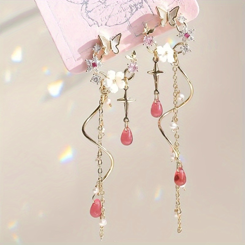 Boho Cute Alloy Drop & Dangle Earrings For Women With Rhinestone Embellishments, Butterfly & Floral Design, Uv Plated, Chain Tassel, Suitable For Daily Wear & Music Festivals - 1 Pair
Boho Cute Alloy Drop & Dangle Earrings For Women With Rhinestone Embellishments, Butterfly & Floral Design, Uv Plated, Chain Tassel, Suitable For Daily Wear & Music Festivals - 1 Pair
