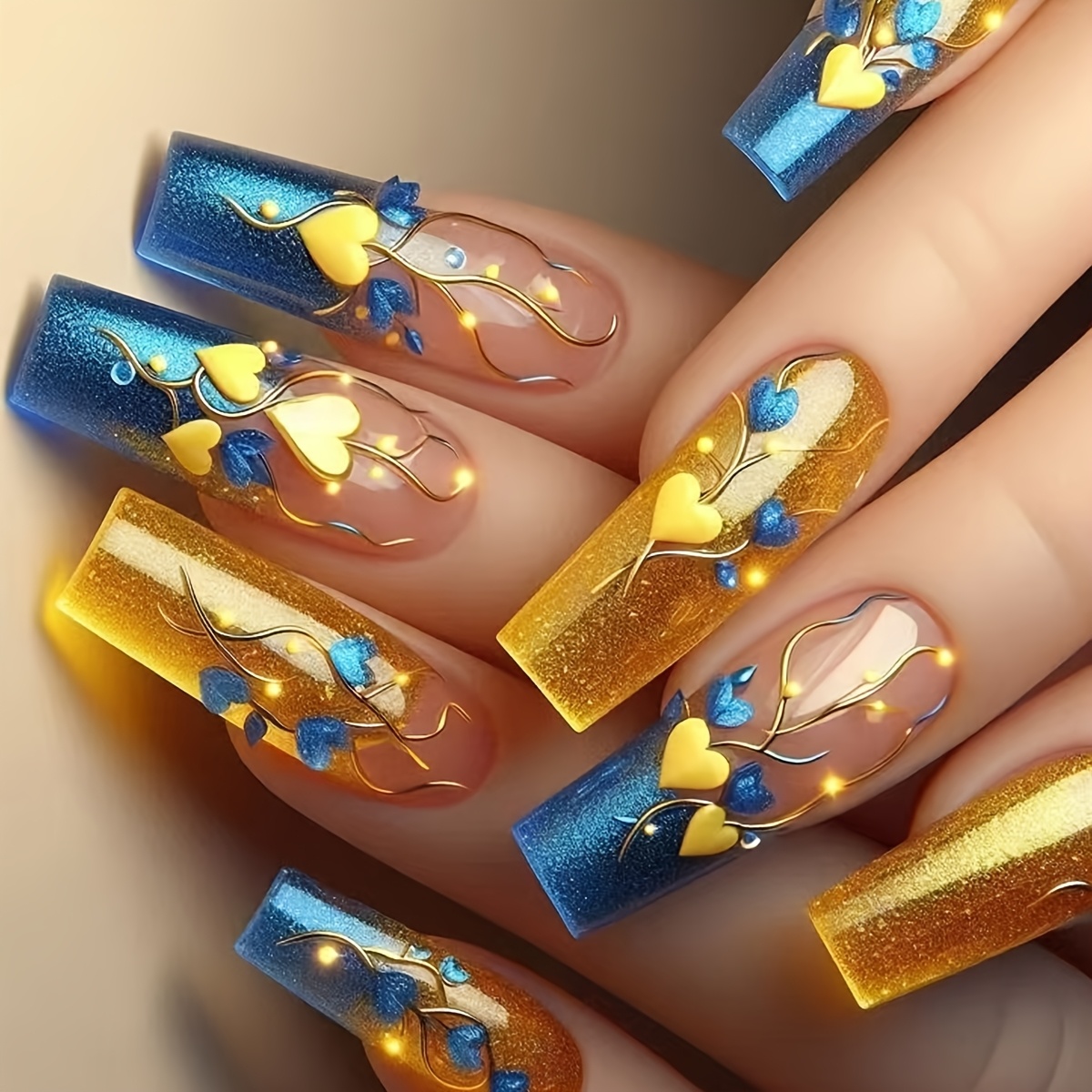 24pcs Valentine's Day Elegant Square Long Press-on Nails, With Gradient Blue & Yellow, Romantic Wearable Nail Art With Floral And Heart Patterns
24pcs Valentine's Day Elegant Square Long Press-on Nails, With Gradient Blue & Yellow, Romantic Wearable Nail Art With Floral And Heart Patterns