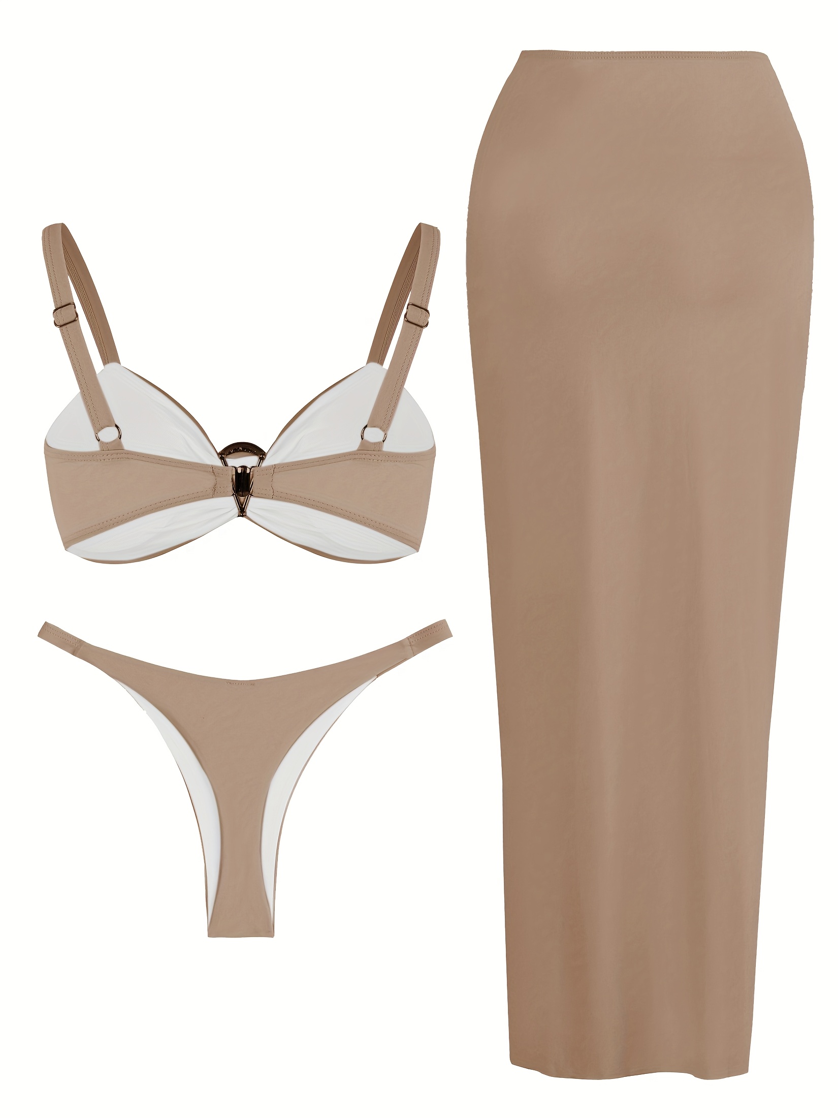 3e72b00e f020 4d1e a021 da7d0e453439 EDOLYNSA Sling Bikini Khaki Metal Conch Decoration Pleated High Slit Long Skirt Sexy Skirt Bikini Set Summer New Outdoor Holiday Beach Swimwear K139