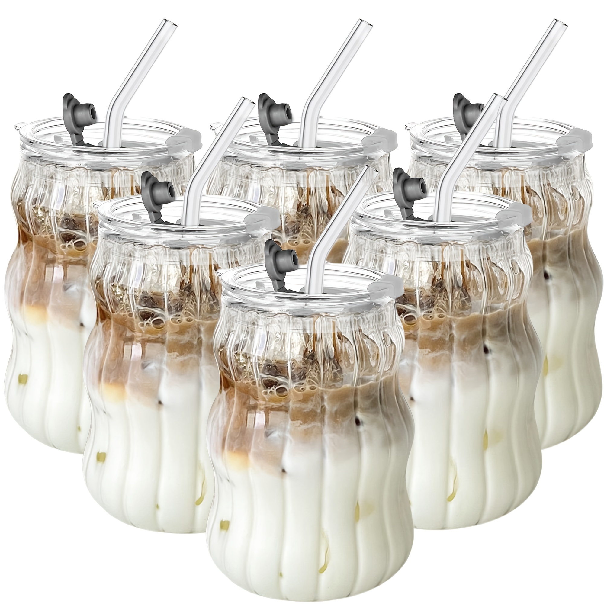 4/6pcs Ribbed Glass Cups With Straw And Lid, Wave Shape Design Glassware 18oz, Ripple Drinking Glasses 18oz, For Iced Coffee, Latte, Water, Matcha, Juice
4/6pcs Ribbed Glass Cups With Straw And Lid, Wave Shape Design Glassware 18oz, Ripple Drinking Glasses 18oz, For Iced Coffee, Latte, Water, Matcha, Juice
