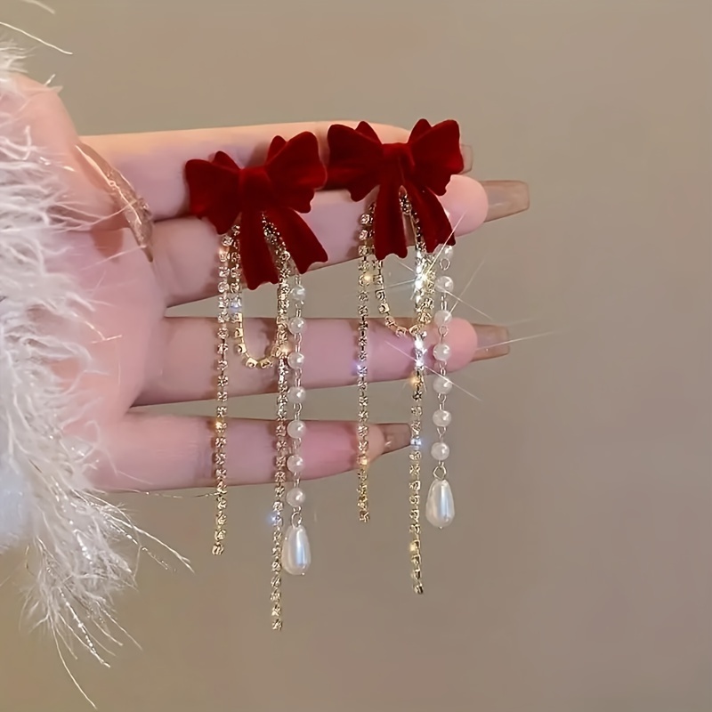 Elegant Faux Pearl Drop Earrings With Red Bow, Luxurious Synthetic Zircon Chain Tassel Earrings, Suitable For Women's , Parties, Gifts And Engagement Holiday
Elegant Faux Pearl Drop Earrings With Red Bow, Luxurious Synthetic Zircon Chain Tassel Earrings, Suitable For Women's , Parties, Gifts And Engagement Holiday