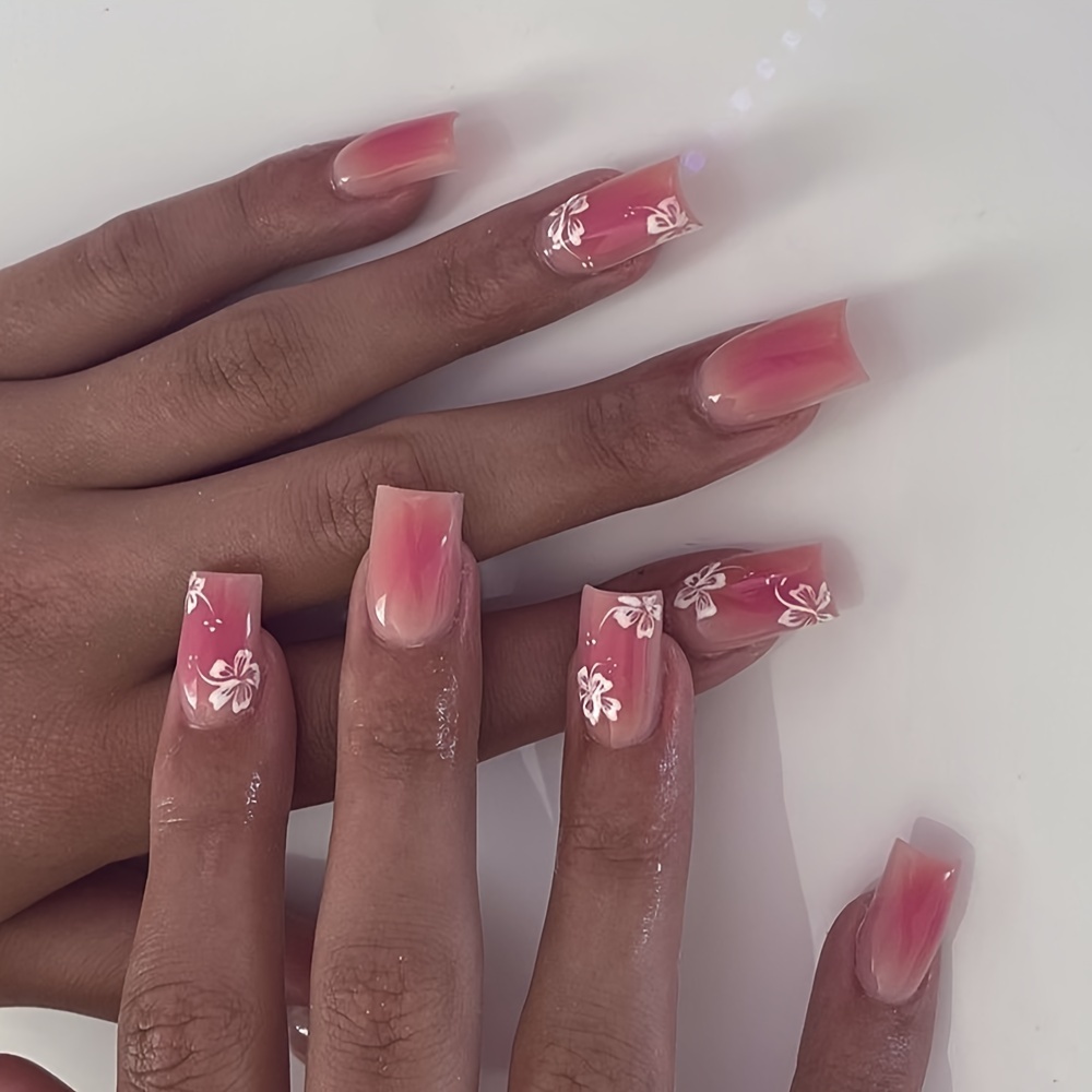 24-piece Press-on Nails Set - Pink Floral Design With White Flowers, Medium Square Shape, Glossy Finish - Plant Pattern Artificial Nail Tips
24-piece Press-on Nails Set - Pink Floral Design With White Flowers, Medium Square Shape, Glossy Finish - Plant Pattern Artificial Nail Tips