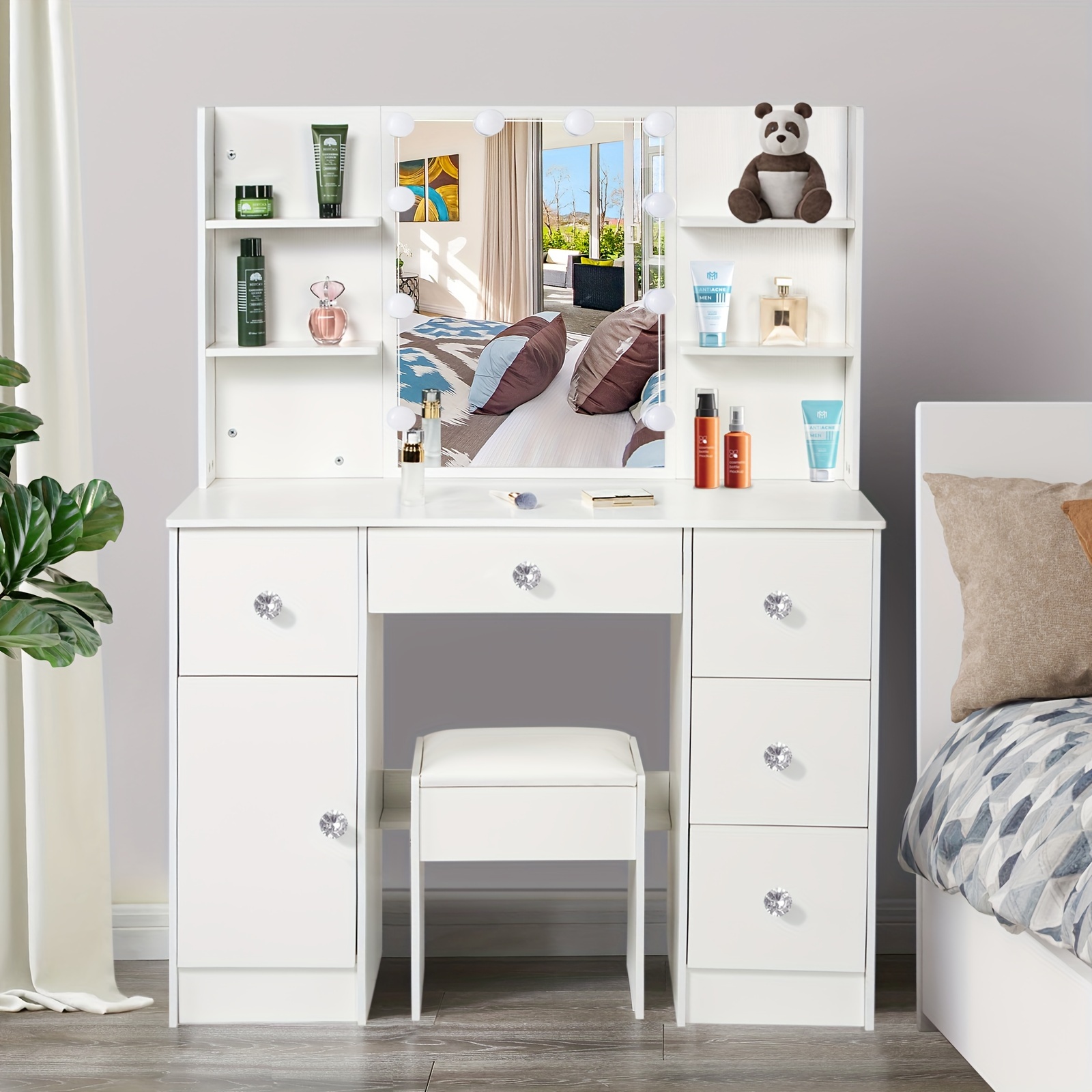 White Large Vanity Desk With Mirror And 10 Lights, 3 Colors Adjustable Brightness Makeup Mirror With Lights, 5 Storage Drawers & Side Cabinet Vanity Table Dressing Stool For Bedroom, Diamond Handles
White Large Vanity Desk With Mirror And 10 Lights, 3 Colors Adjustable Brightness Makeup Mirror With Lights, 5 Storage Drawers & Side Cabinet Vanity Table Dressing Stool For Bedroom, Diamond Handles