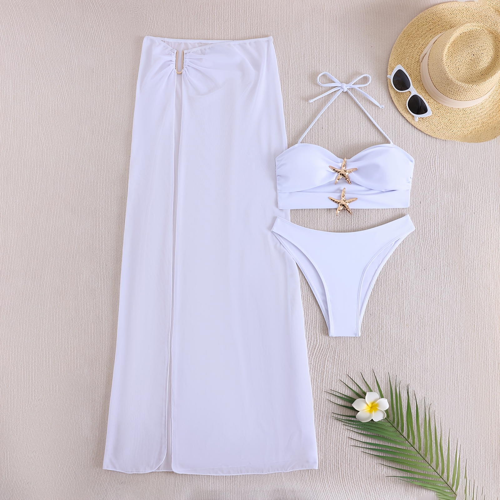 468649dd 2a03 4d9c ac34 2daf7105168c 2026 New Fashion Metal Starfish Accessory Split Maxi Dress Beach Pool Party Women's 2pcs Swimsuit 3pcs Set BIKINI