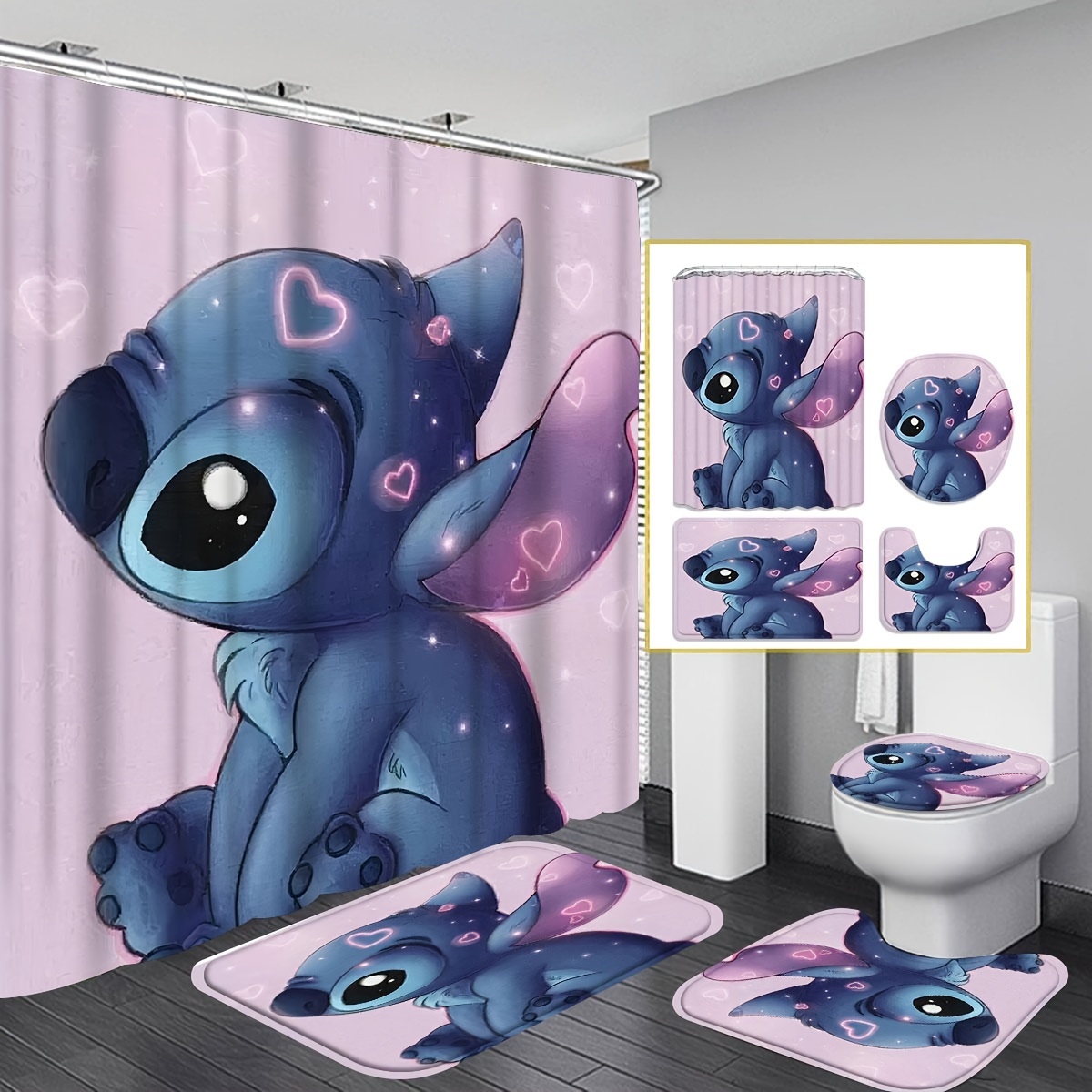Stitch Cartoon Shower Curtain Set With 12 Hooks, Ume Brand, Machine Washable, Knitted Polyester Anti-slip Bath Mat, Toilet Lid Cover, U-shaped Rug, Water-resistant Bathroom Decor, Ideal Gift
Stitch Cartoon Shower Curtain Set With 12 Hooks, Ume Brand, Machine Washable, Knitted Polyester Anti-slip Bath Mat, Toilet Lid Cover, U-shaped Rug, Water-resistant Bathroom Decor, Ideal Gift