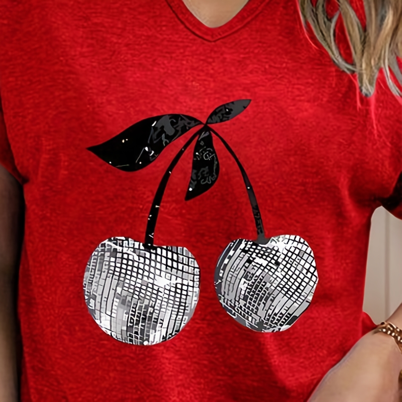 Retro-inspired Cherry Print Tee For Women - Casual V-neck With Glittery Sequin Detail, Short Roll-up Sleeves, Lightweight Polyester - Ideal For
Retro-inspired Cherry Print Tee For Women - Casual V-neck With Glittery Sequin Detail, Short Roll-up Sleeves, Lightweight Polyester - Ideal For