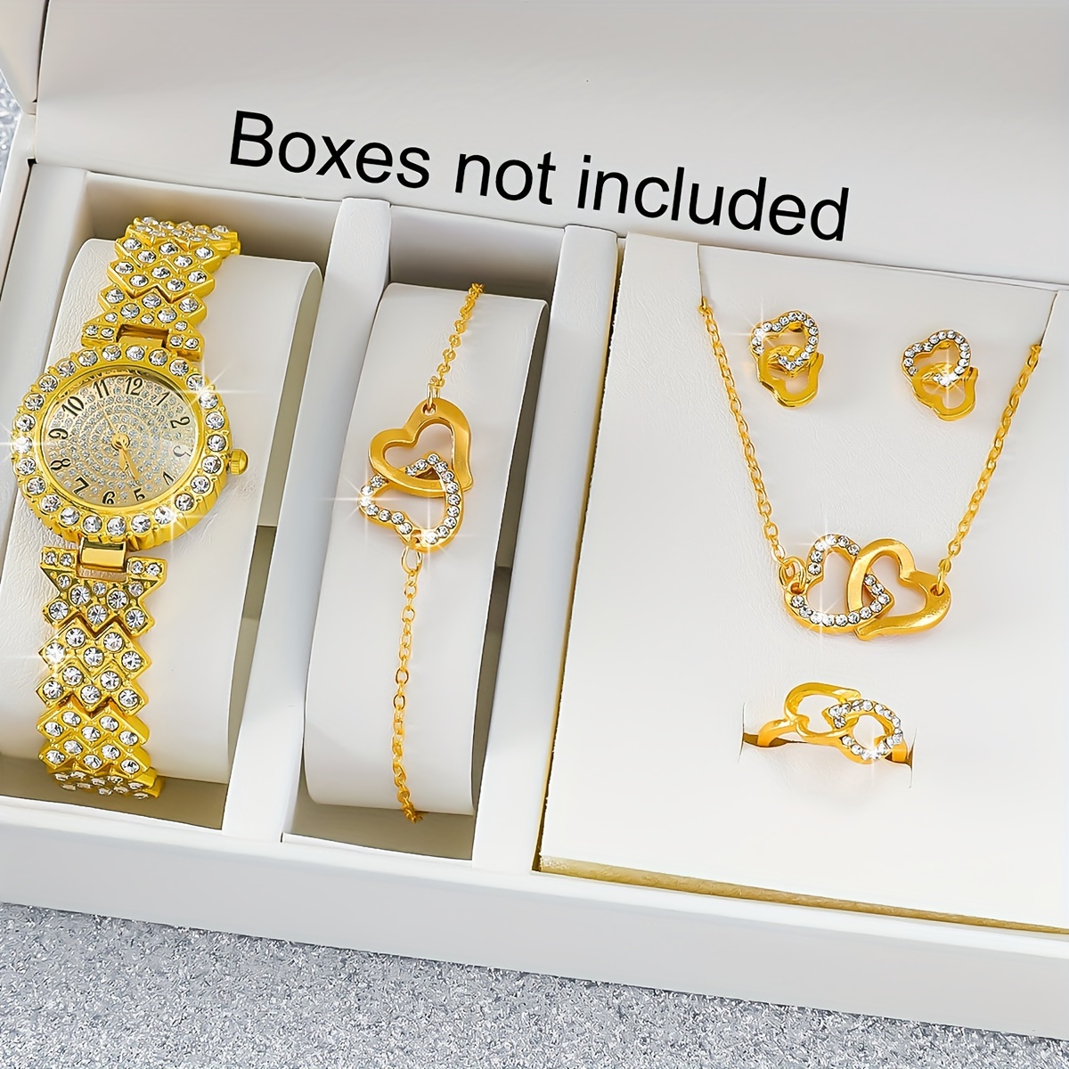 6pcs/set Luxury Rhinestone Quartz Watch Golden Fashion Analog Wrist Watch & Heart Jewelry Set, Gift For Women Her
6pcs/set Luxury Rhinestone Quartz Watch Golden Fashion Analog Wrist Watch & Heart Jewelry Set, Gift For Women Her