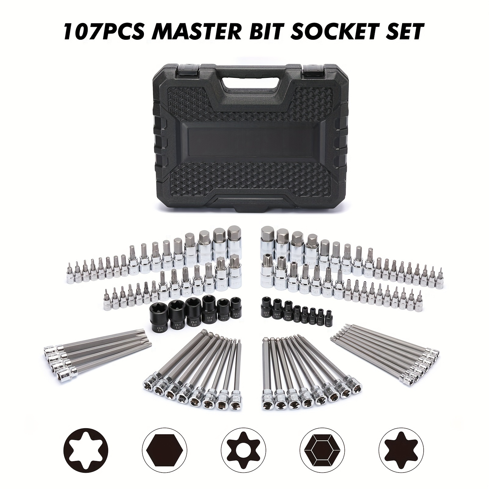107 Pieces Master Allen And Torx Bit Socket Set, 1/4", 3/8" And 1/2" Drive, Torx/extra Long Torx/tamper Proof Torx/hex/ball End Hex, Sae/metric, S2 Steel Bits, Cr-v Steel
107 Pieces Master Allen And Torx Bit Socket Set, 1/4", 3/8" And 1/2" Drive, Torx/extra Long Torx/tamper Proof Torx/hex/ball End Hex, Sae/metric, S2 Steel Bits, Cr-v Steel