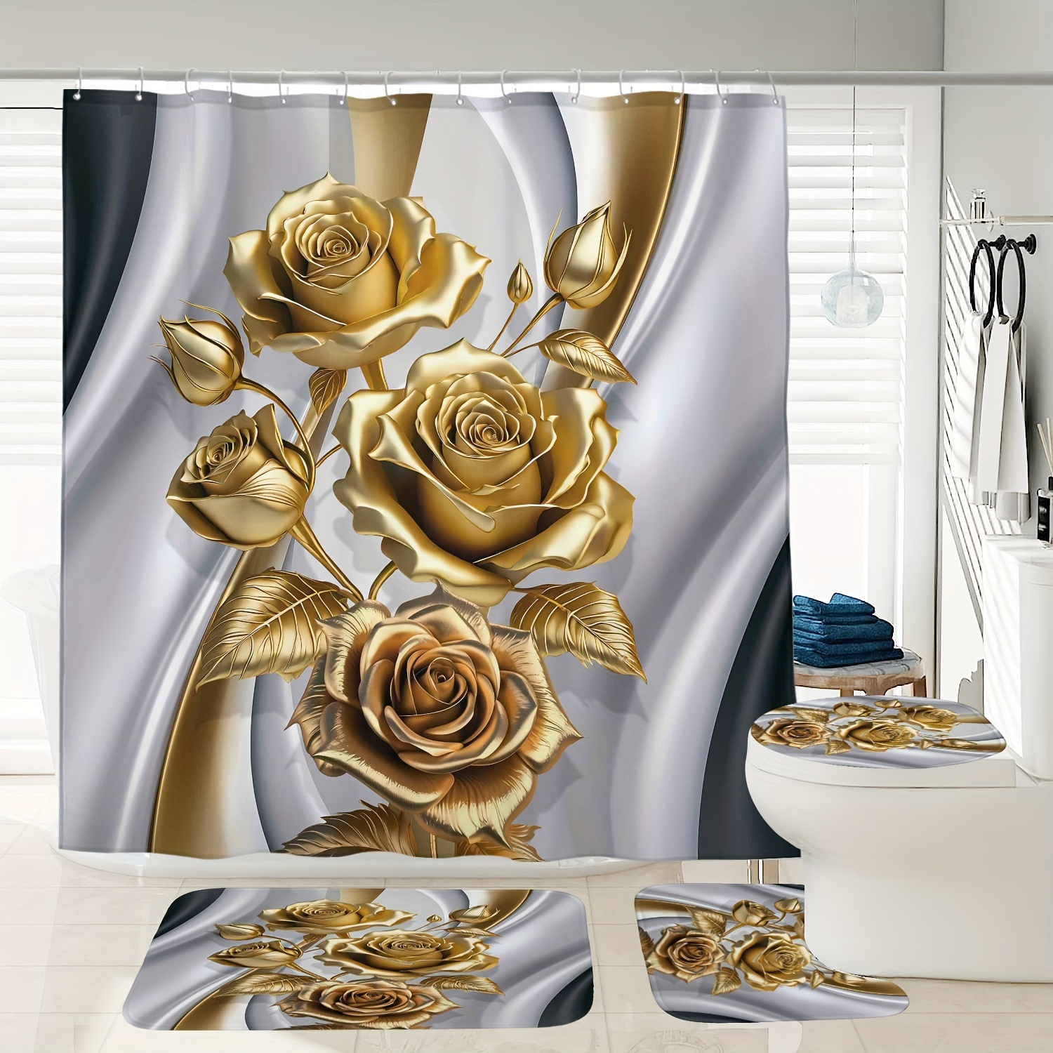 1/4pcs Golden Flower Pattern Shower Curtain Set, Shower Curtain With 12 Hooks, Non-slip Bath Mat, U-shaped Toilet Mat, Toilet Mat, Bathroom Accessories
1/4pcs Golden Flower Pattern Shower Curtain Set, Shower Curtain With 12 Hooks, Non-slip Bath Mat, U-shaped Toilet Mat, Toilet Mat, Bathroom Accessories