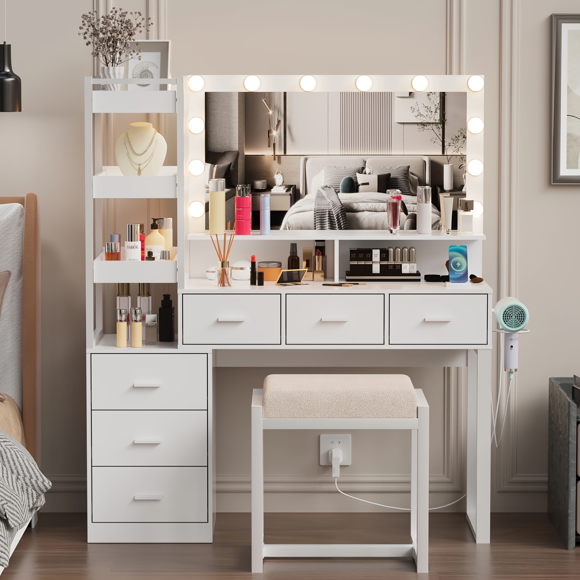 1pc Makeup Vanity Desk With Mirror And 3-color Lights, Power Outlet, Vanity Dressing Table With 6 Drawers, 3 Storage Movable Shelves, Stool, Hair Dryer Stand For Bedroom, White
1pc Makeup Vanity Desk With Mirror And 3-color Lights, Power Outlet, Vanity Dressing Table With 6 Drawers, 3 Storage Movable Shelves, Stool, Hair Dryer Stand For Bedroom, White