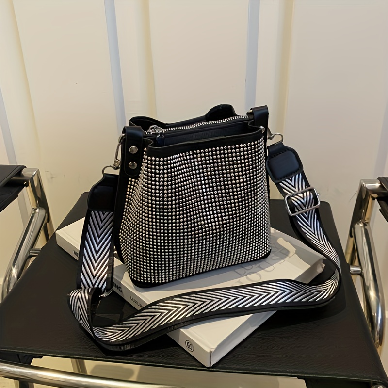 Chic Sparkling Bucket Bag For Women - -embellished, Wide Strap Crossbody With Clasp Closure, Black Leather
Chic Sparkling Bucket Bag For Women - -embellished, Wide Strap Crossbody With Clasp Closure, Black Leather
