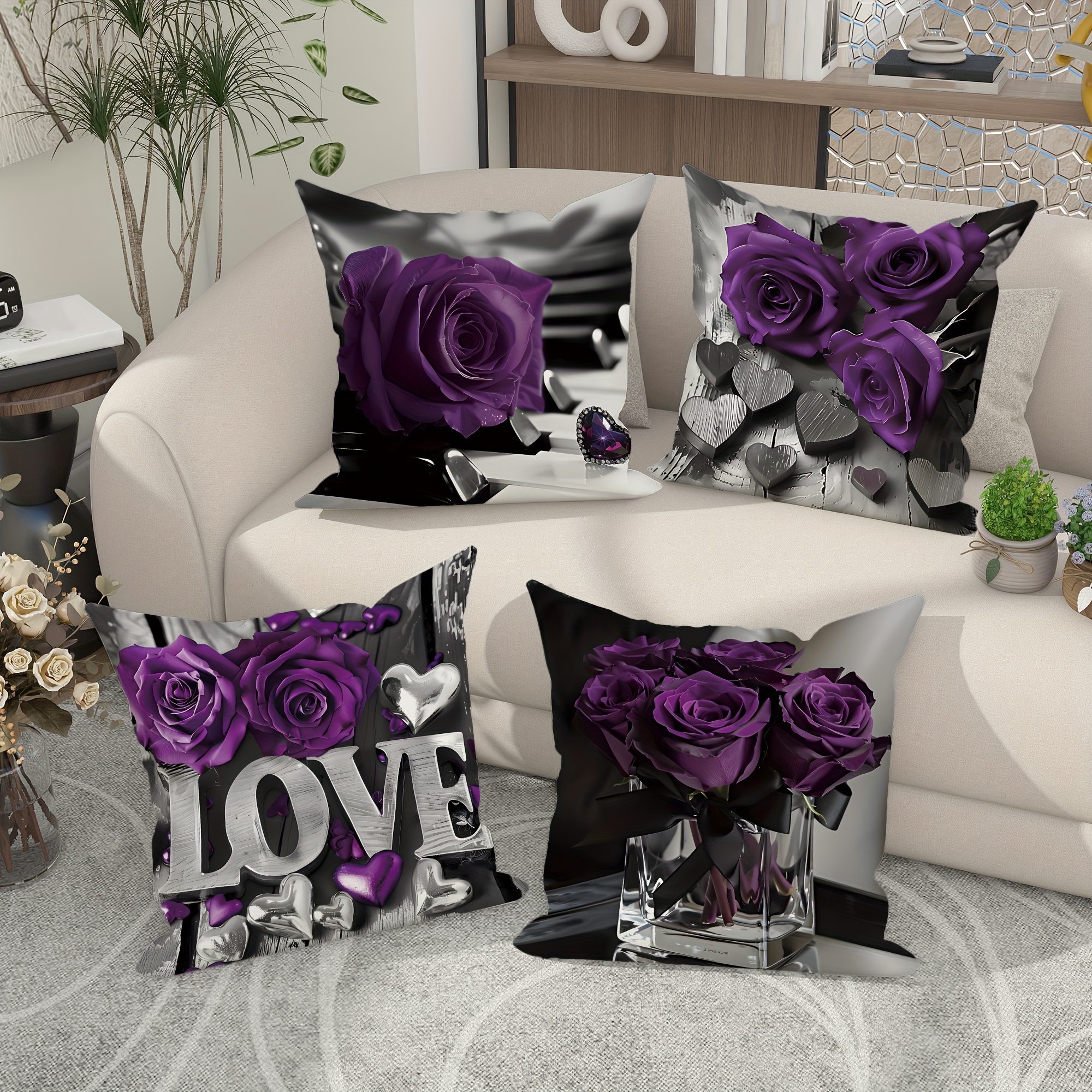 4 Pcs Flower Throw Pillow Covers - Romantic Elegant Purple Decorative Pillowcases - 18in X 18in - Suitable For Living Room, Bedroom, Sofa, And Bed Decoration - Without Pillow Inserts
4 Pcs Flower Throw Pillow Covers - Romantic Elegant Purple Decorative Pillowcases - 18in X 18in - Suitable For Living Room, Bedroom, Sofa, And Bed Decoration - Without Pillow Inserts